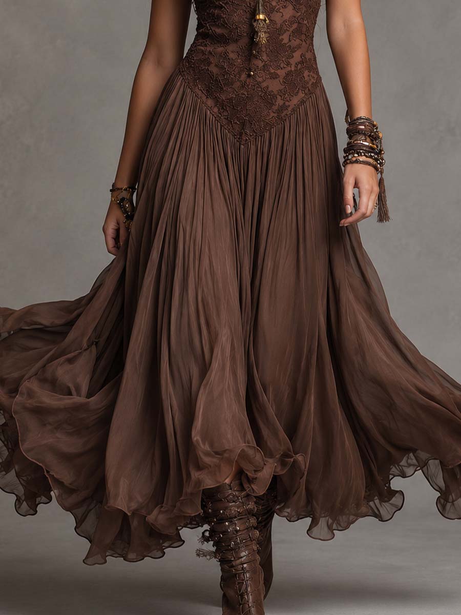 Lorella – Vestido Largo Marrón de Gasa y Encaje