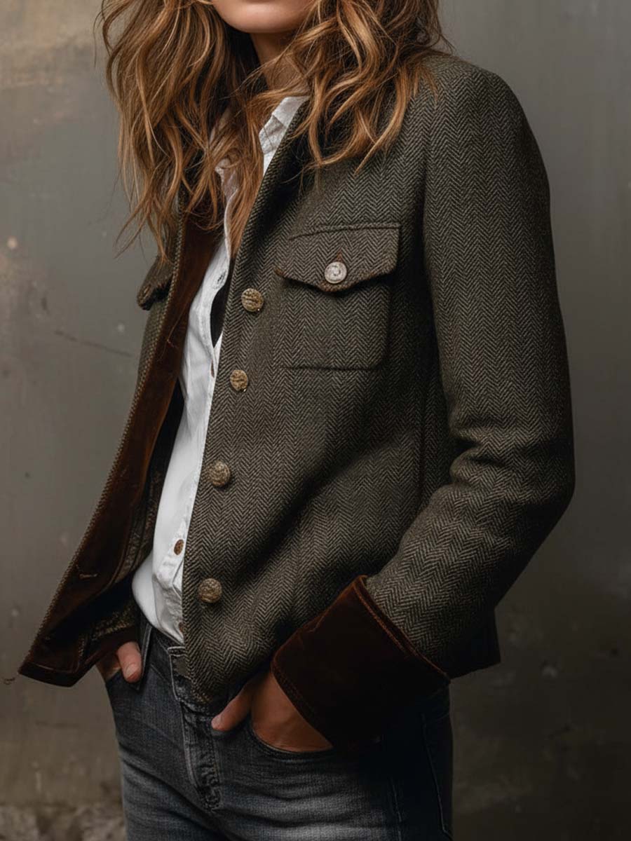 Bella – Blazer Vintage Espiga con Ribetes