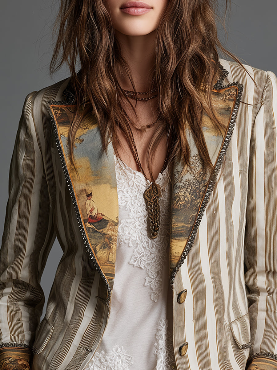 Rosanna – Blazer Boho de Rayas con Cuello Estampado