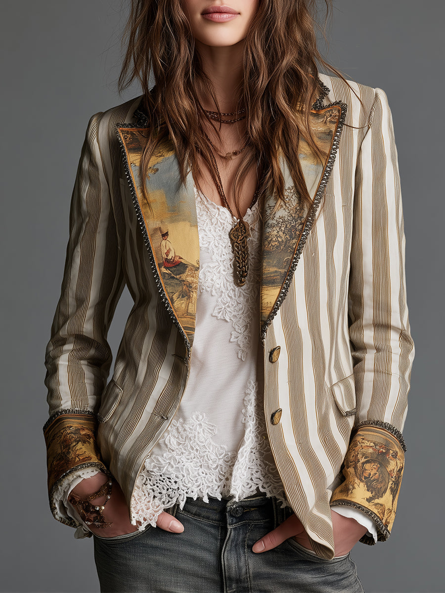 Rosanna – Blazer Boho de Rayas con Cuello Estampado