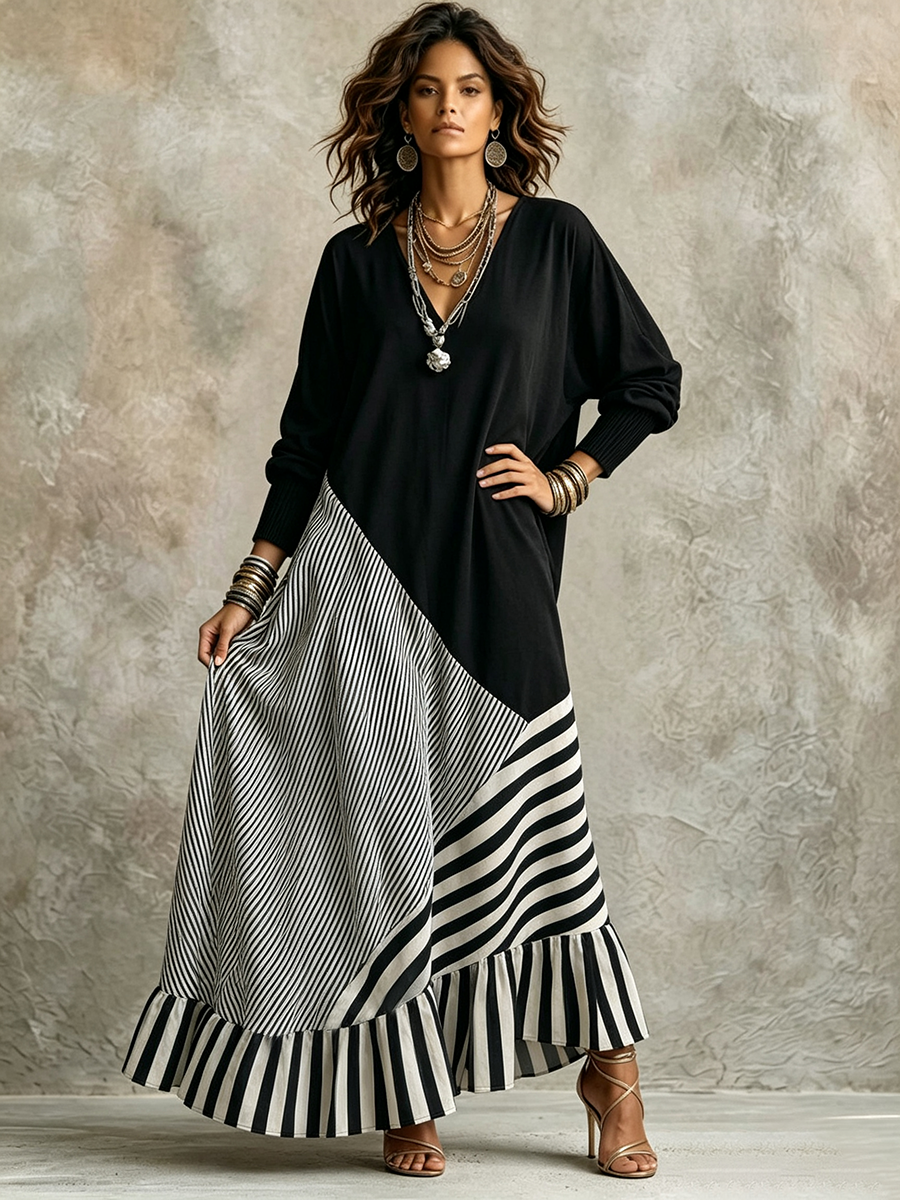 Gilda – Vestido Largo Negro con Rayas