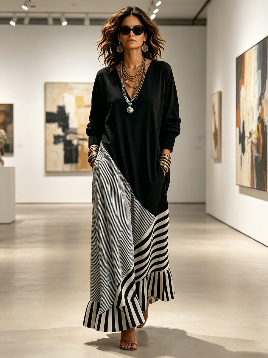 Gilda – Vestido Largo Negro con Rayas