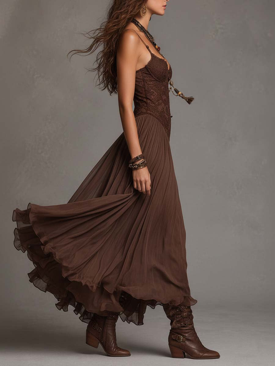 Lorella – Vestido Largo Marrón de Gasa y Encaje
