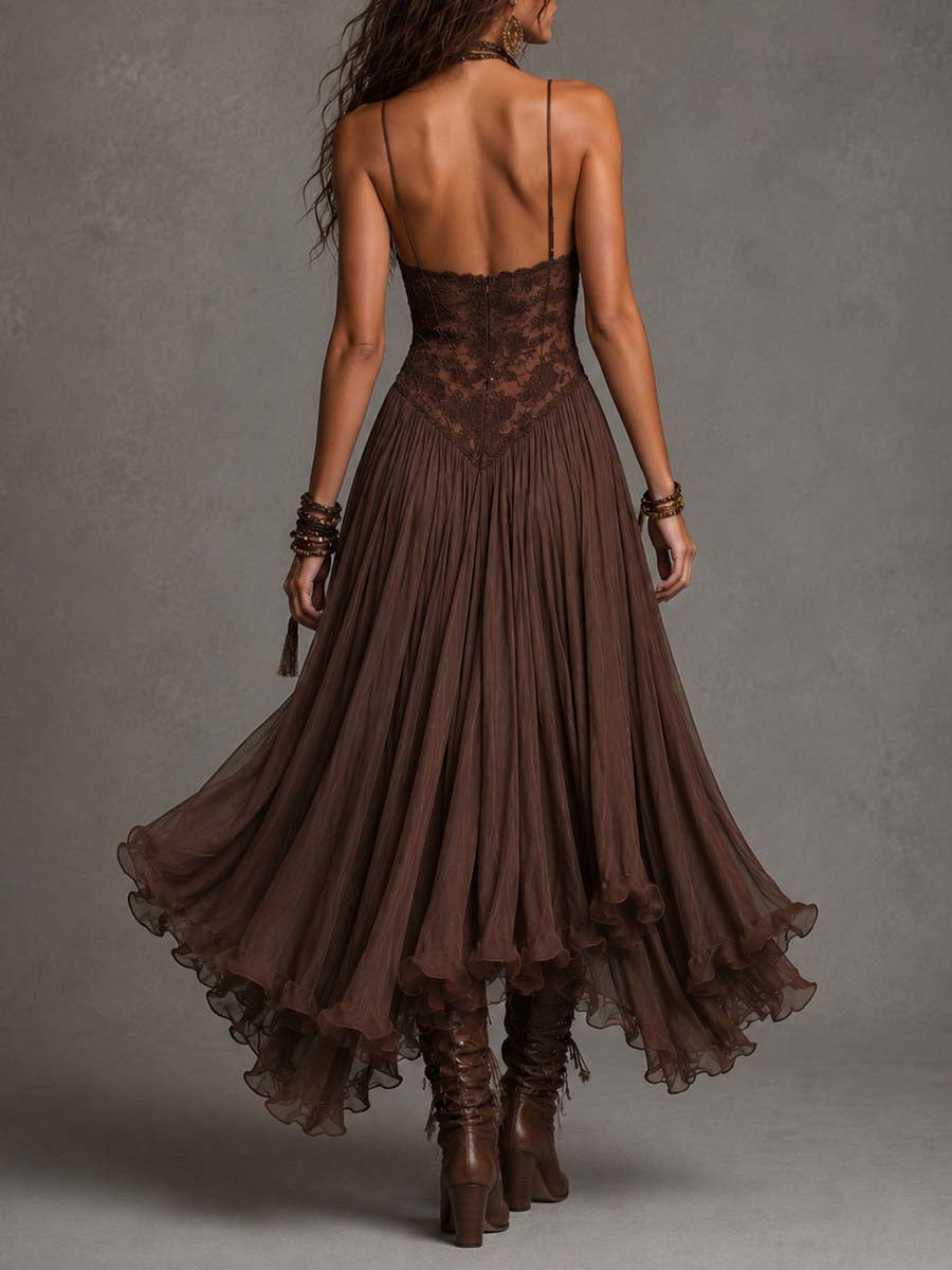 Lorella – Vestido Largo Marrón de Gasa y Encaje