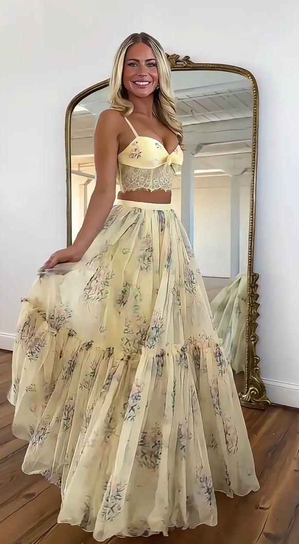 Conjunto Falda Floral Amarillo Pálido