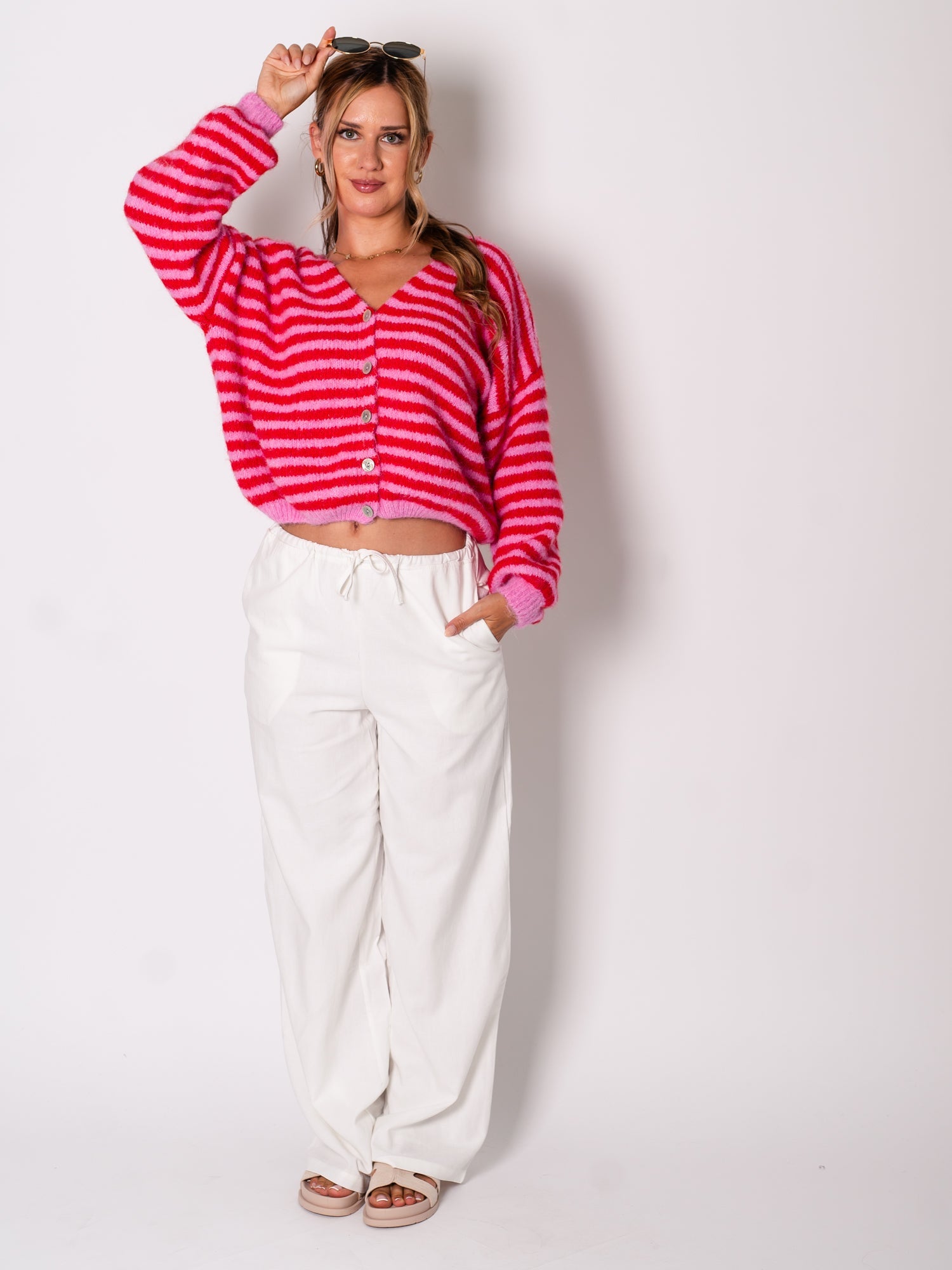 Mila Streifen Strickjacke - Rosa/Rot