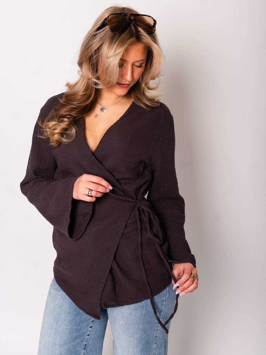 Zoey Musselin Binde Bluse - Espresso