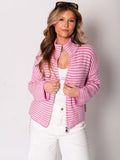 Zip Up Streifen Cardigan - Rosa/Weiß