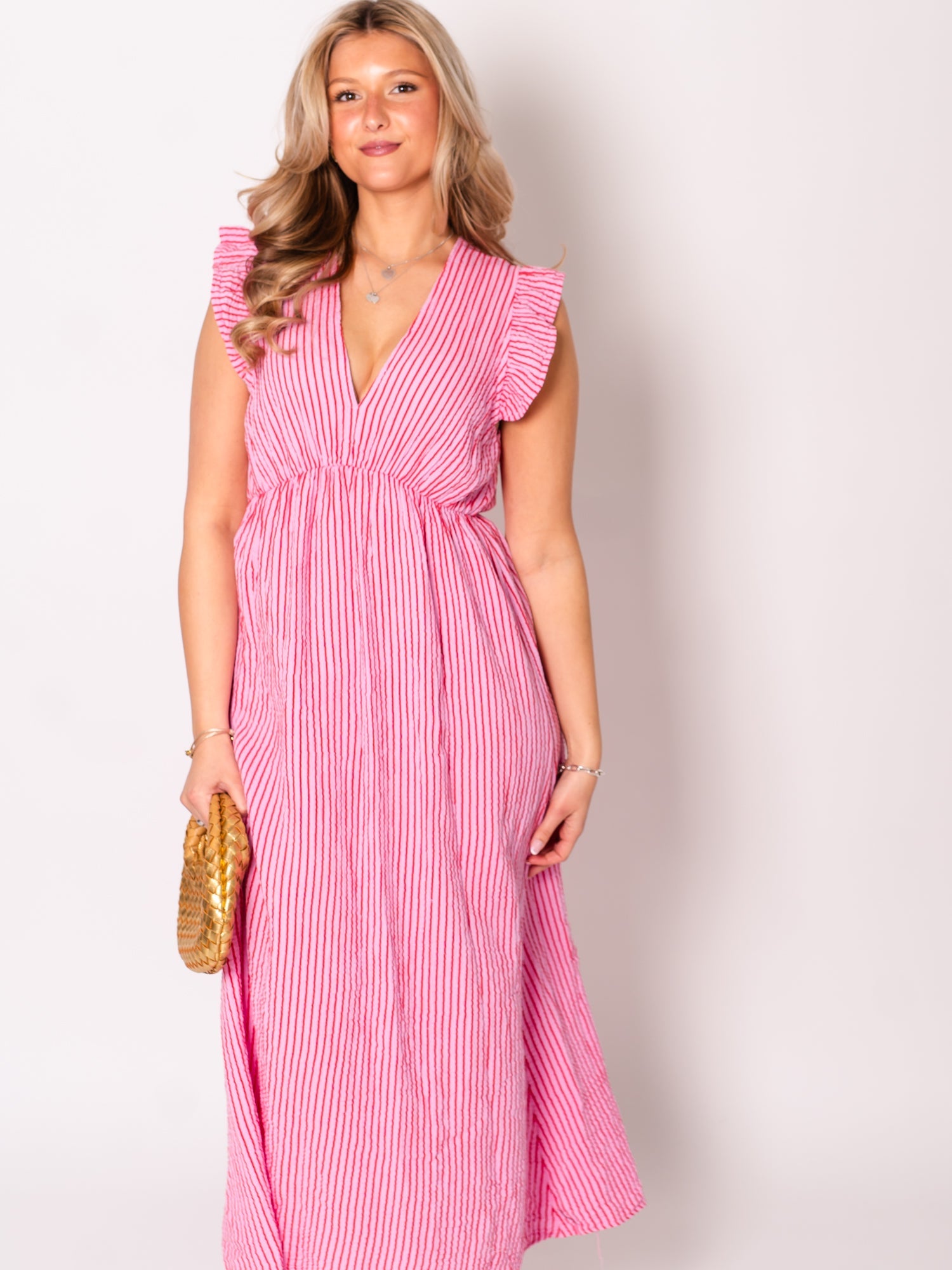 Leonora Stripes Musselin Kleid - Rosa/Rot