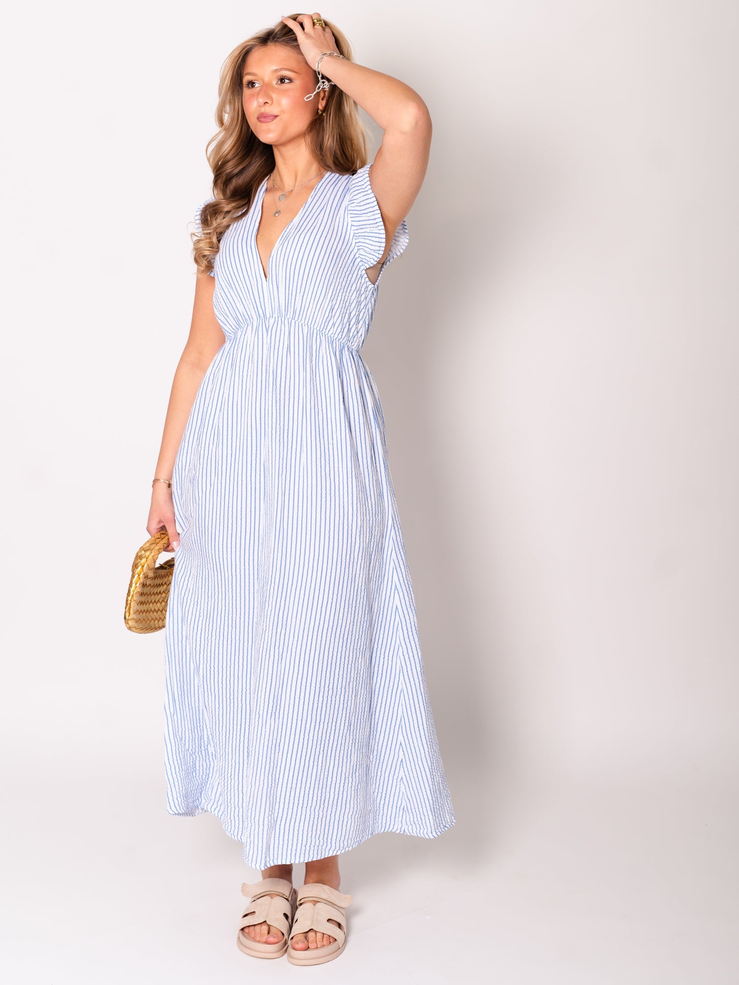 Leonora Stripes Musselin Kleid - Blau/Weiß