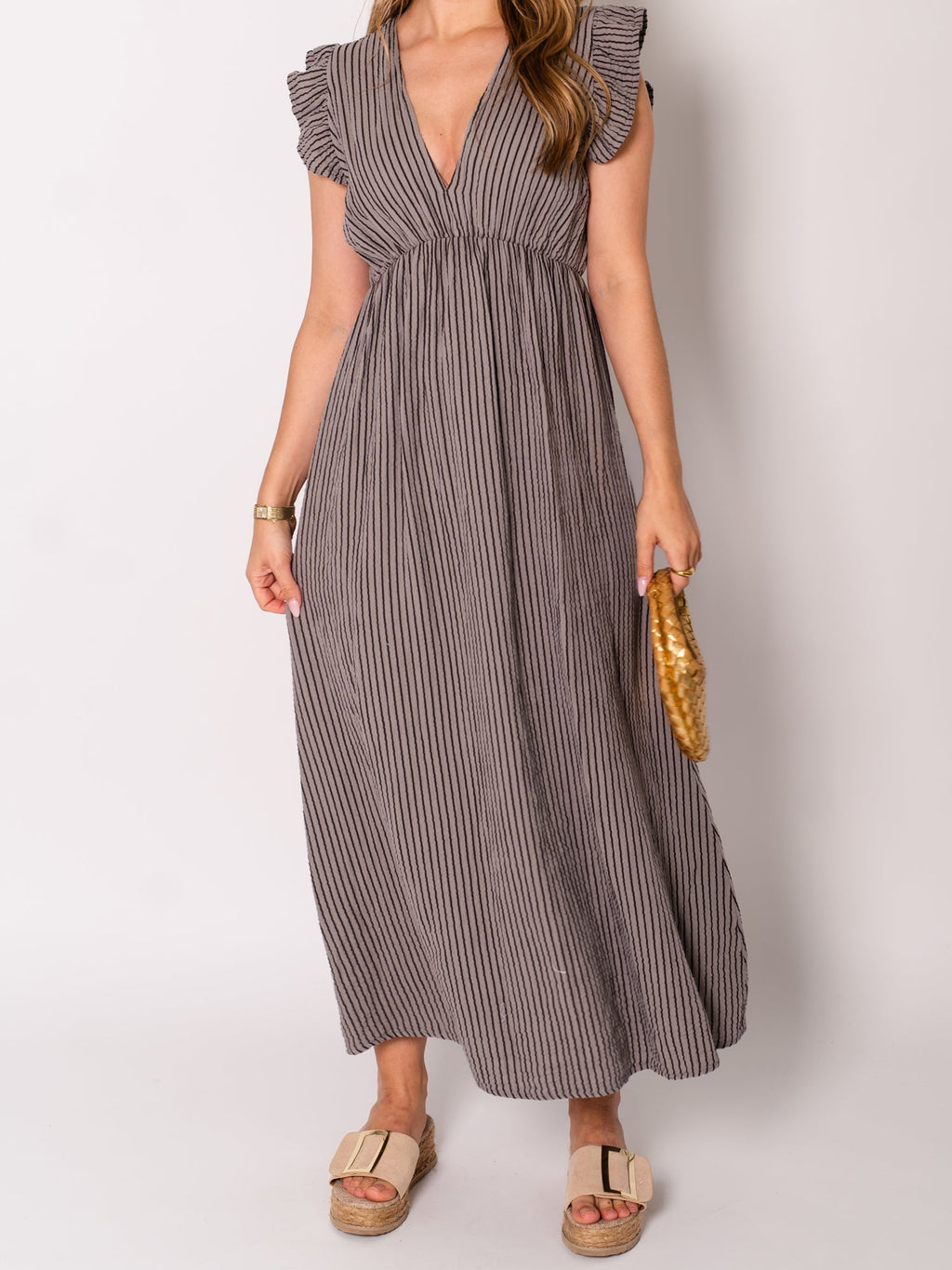 Leonora Stripes Musselin Kleid - Taupe/Braun