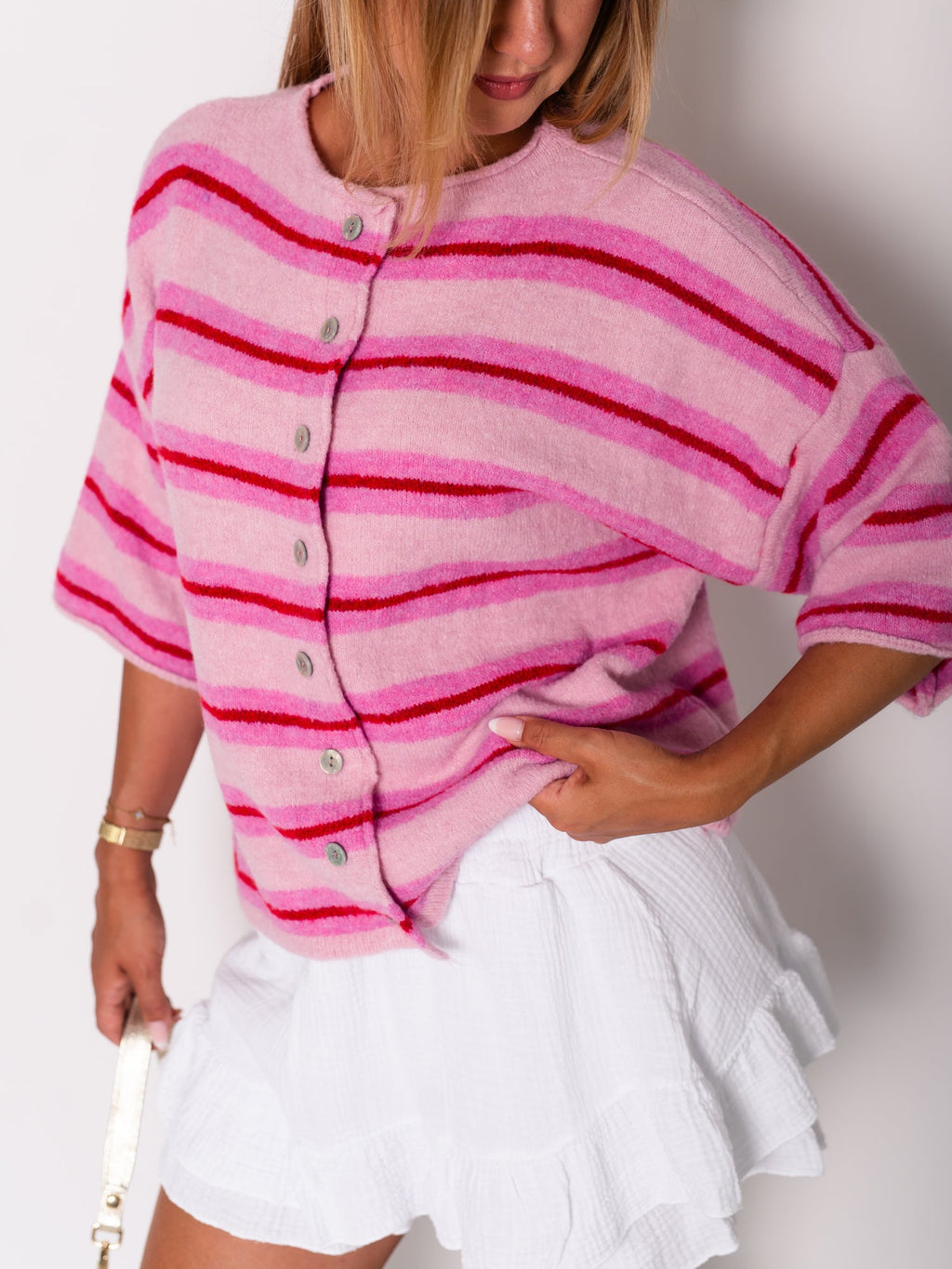 Leni Streifen Soft Strickjacke - Rosa/Rot