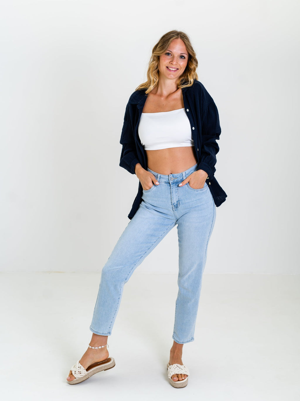 Midi Waffle Bluse - Marineblau
