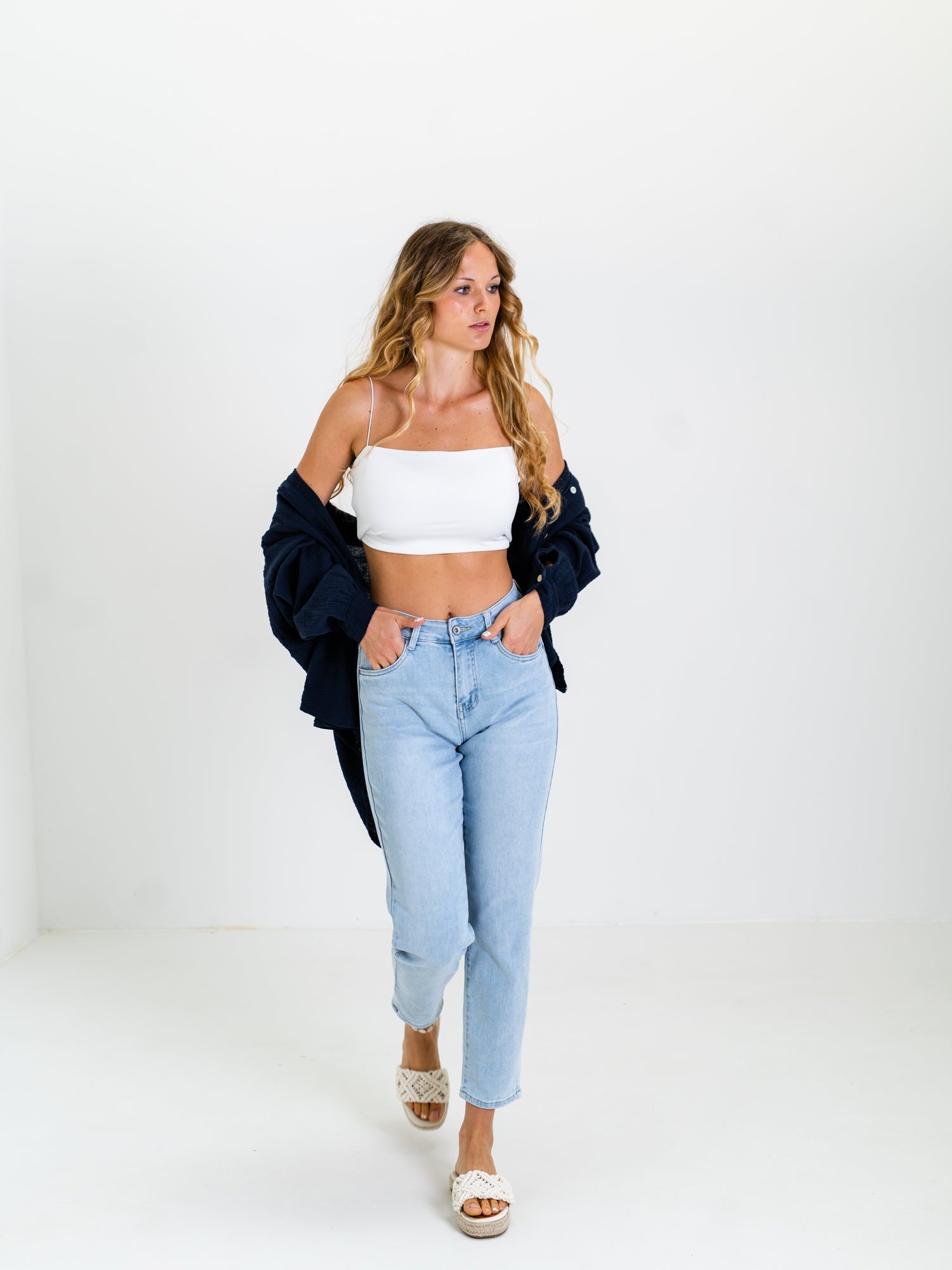 Midi Waffle Bluse - Marineblau