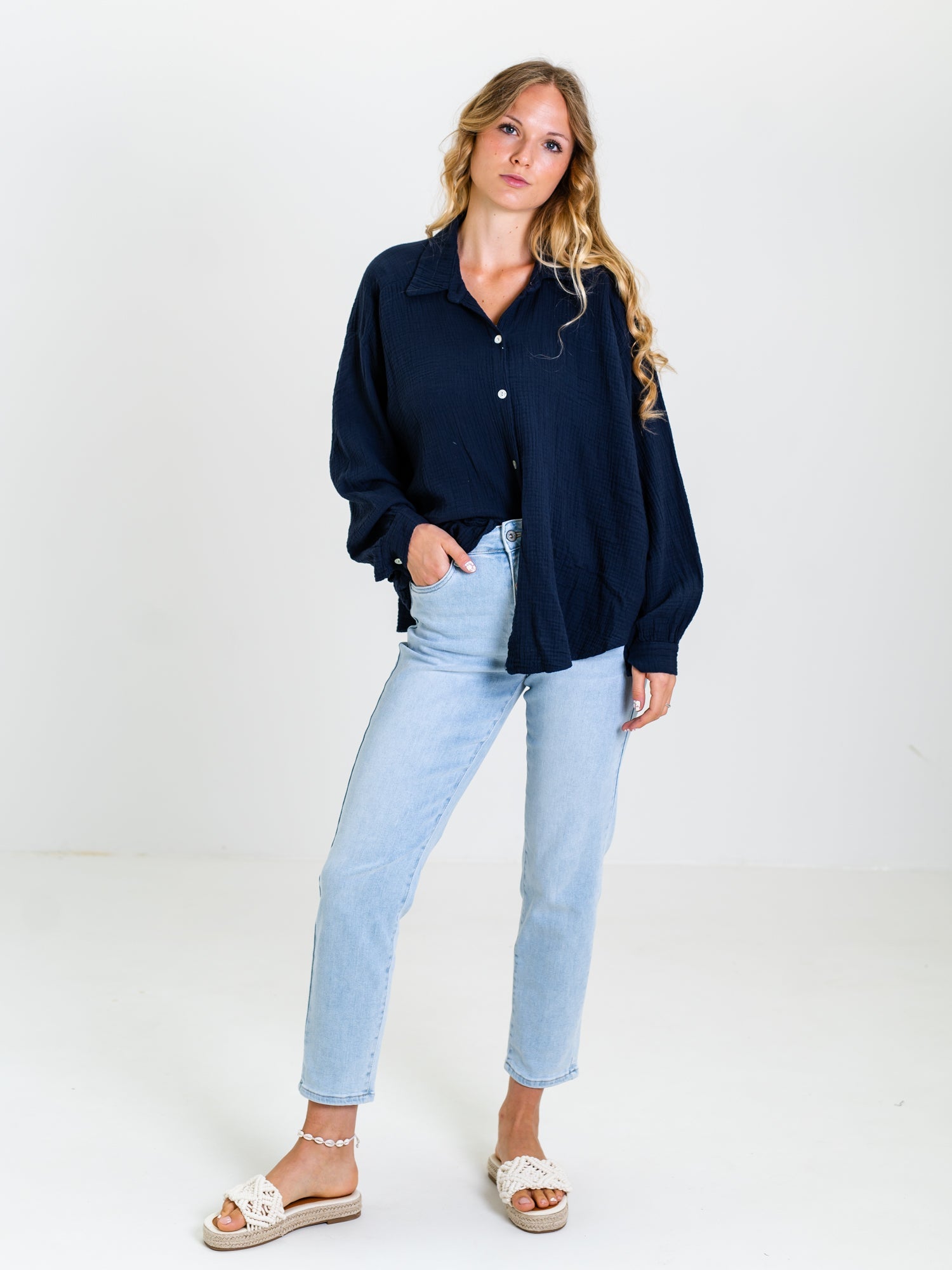 Midi Waffle Bluse - Marineblau