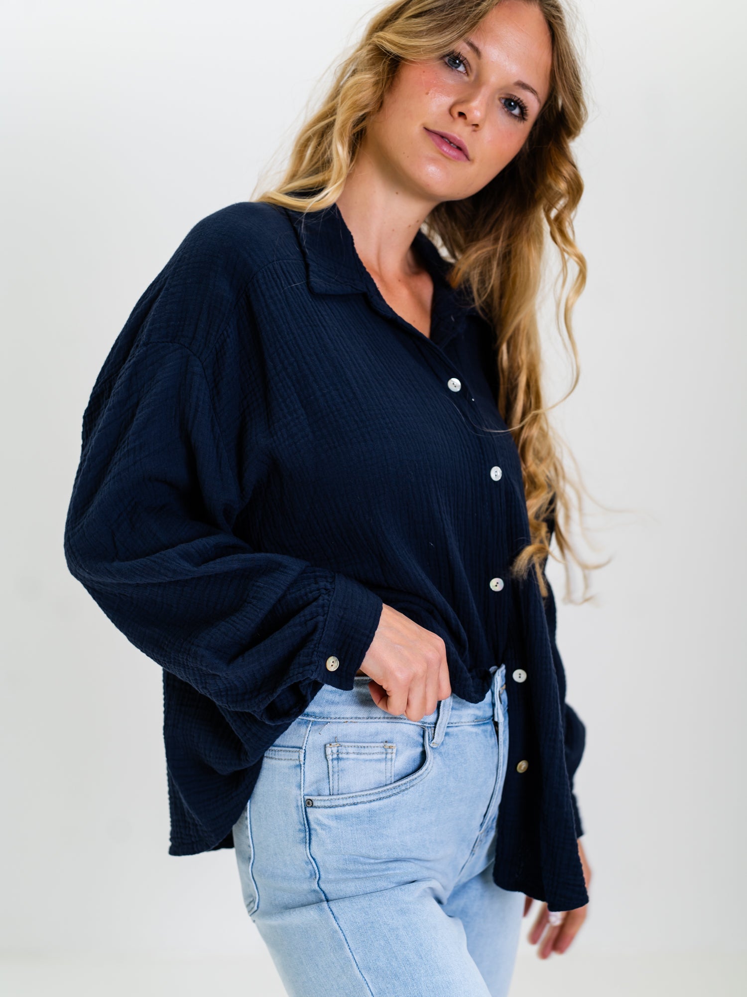 Midi Waffle Bluse - Marineblau