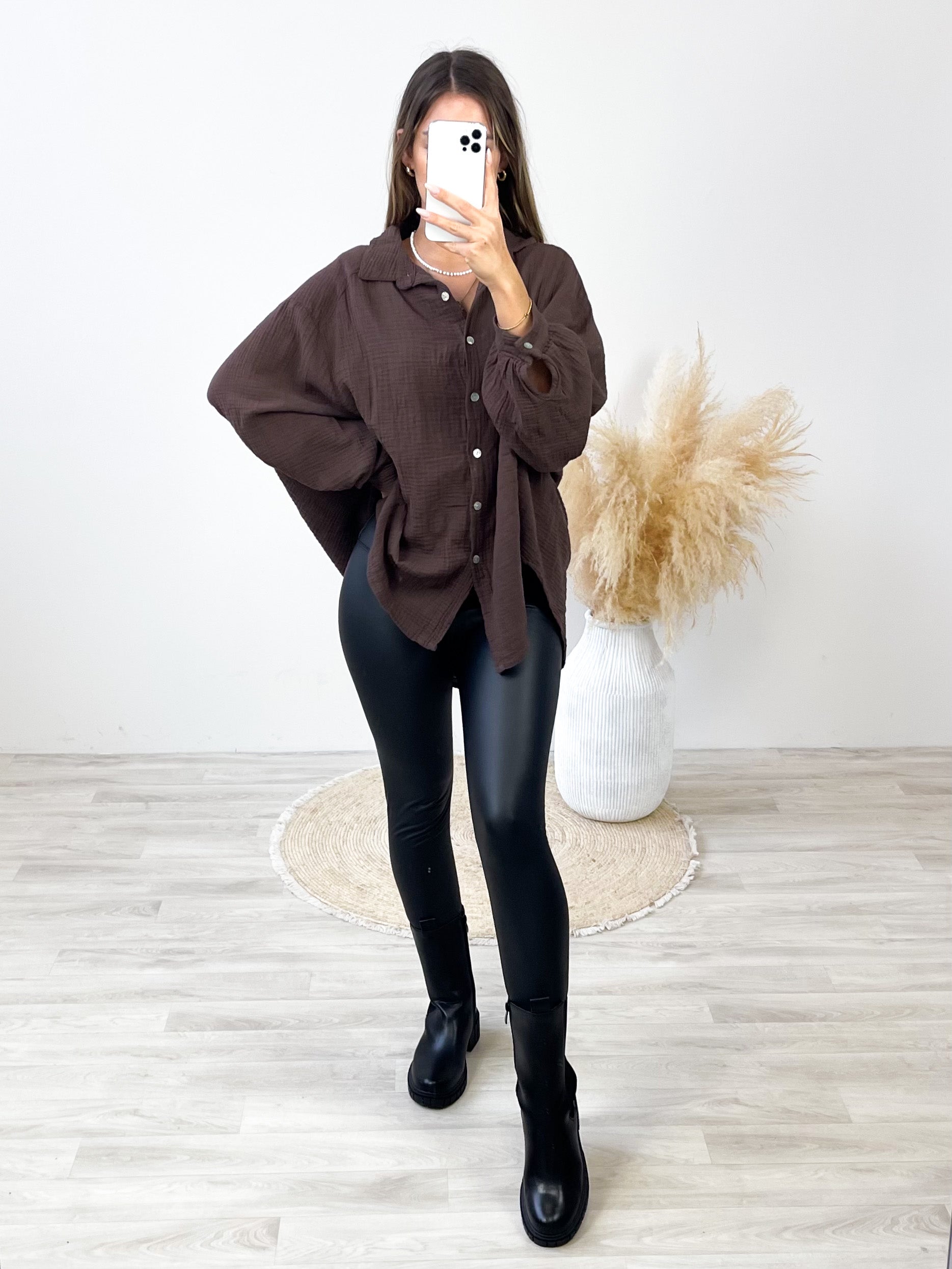 Midi Waffle Bluse - Dunkelbraun