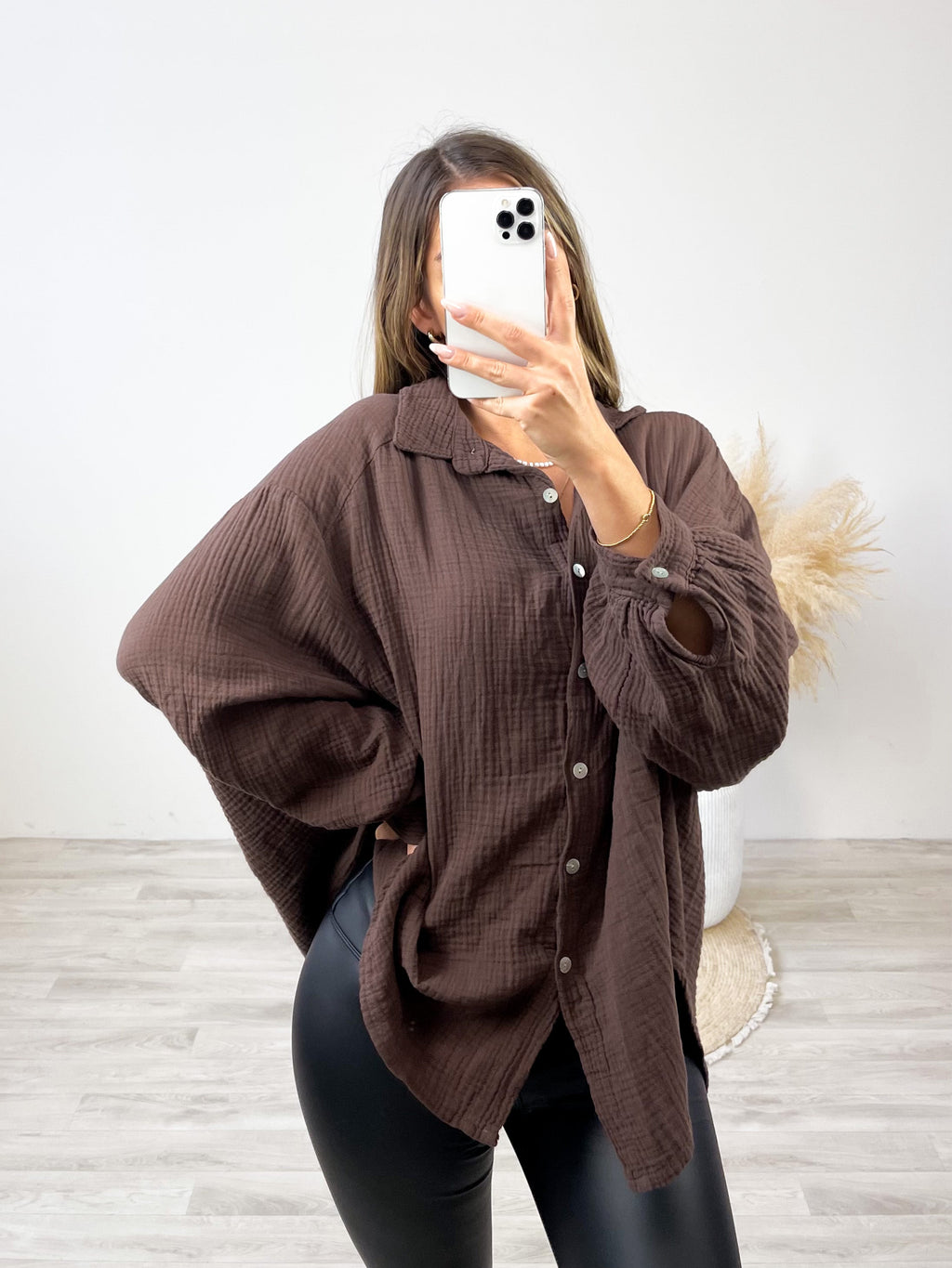 Midi Waffle Bluse - Dunkelbraun