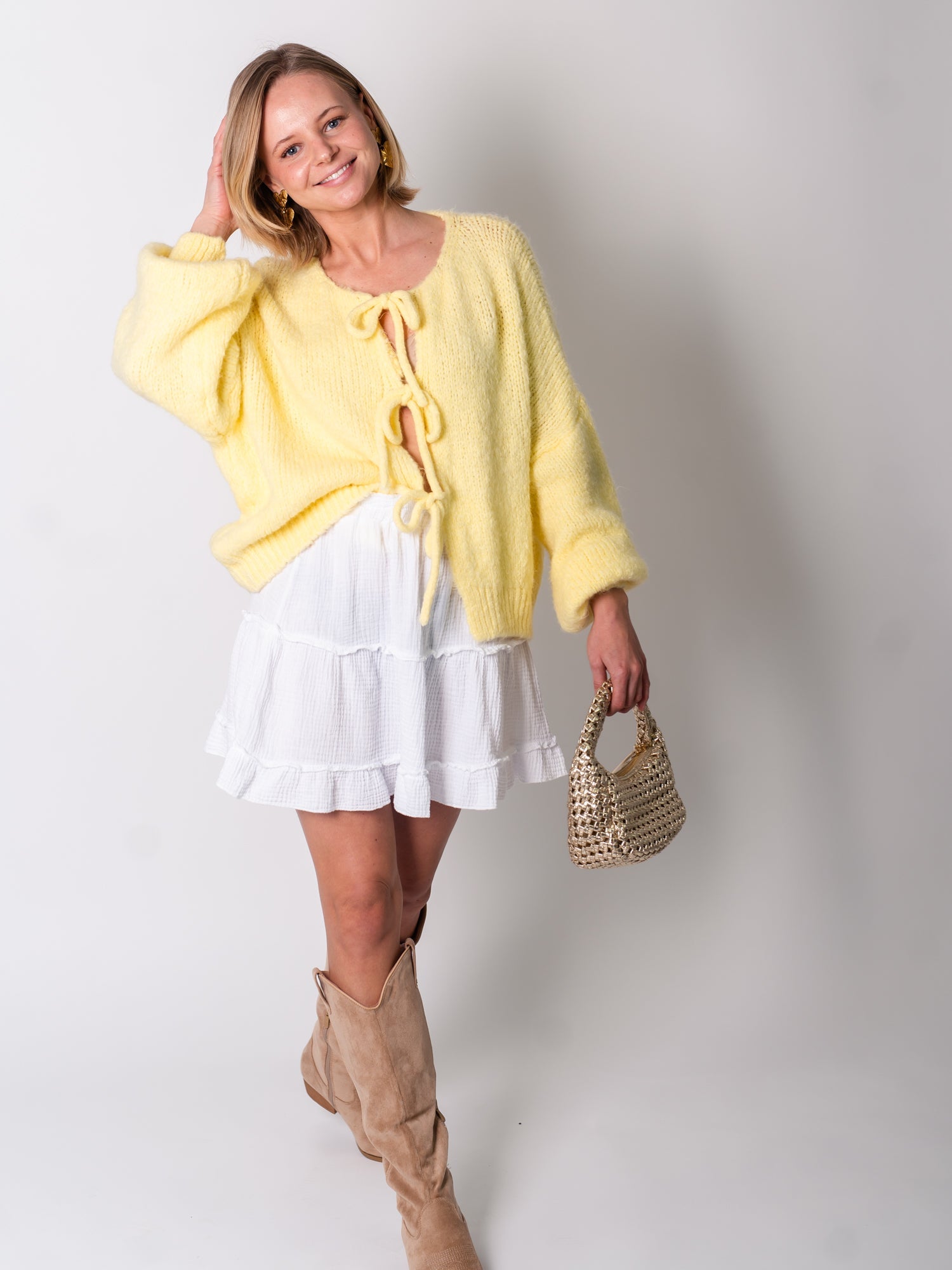B-Ware 816. Helena Schleifen Strickjacke - Zitronengelb