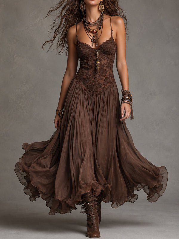 Lorella – Vestido Largo Marrón de Gasa y Encaje