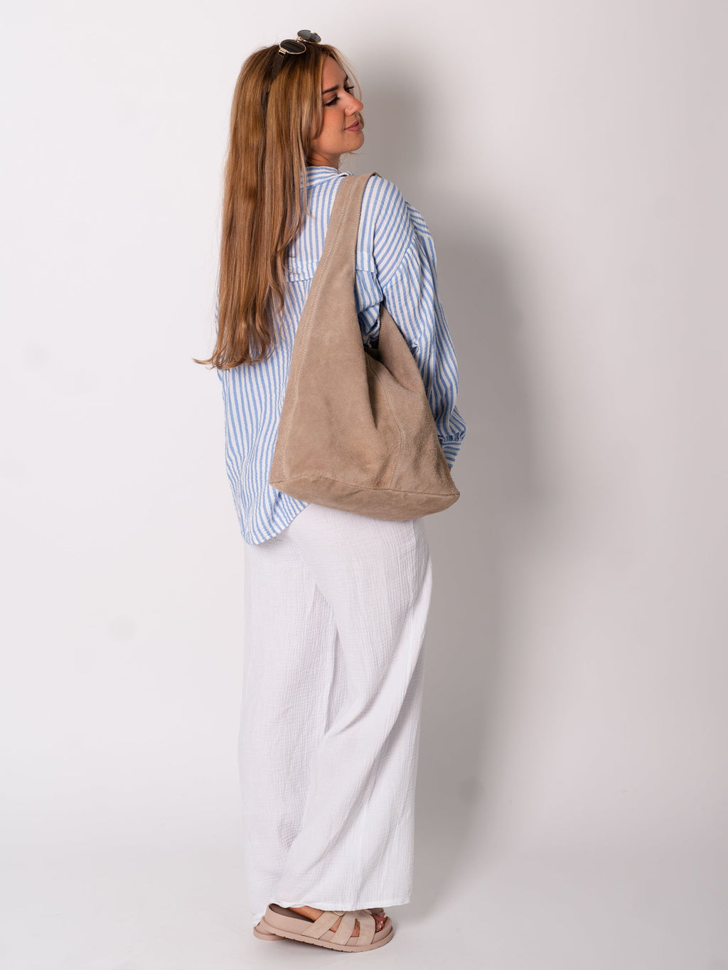 Midi Streifen Musselin Bluse - Weiß/Blau