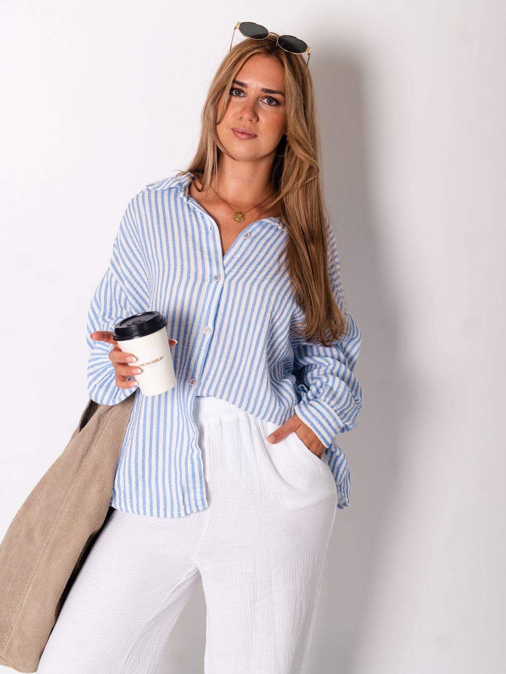 Midi Streifen Musselin Bluse - Weiß/Blau