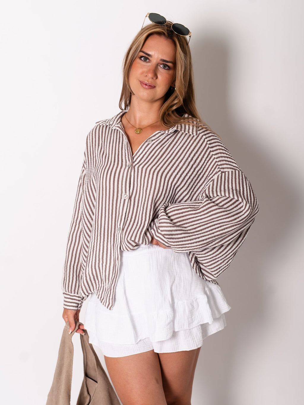 Midi Streifen Musselin Bluse - Creme/Braun