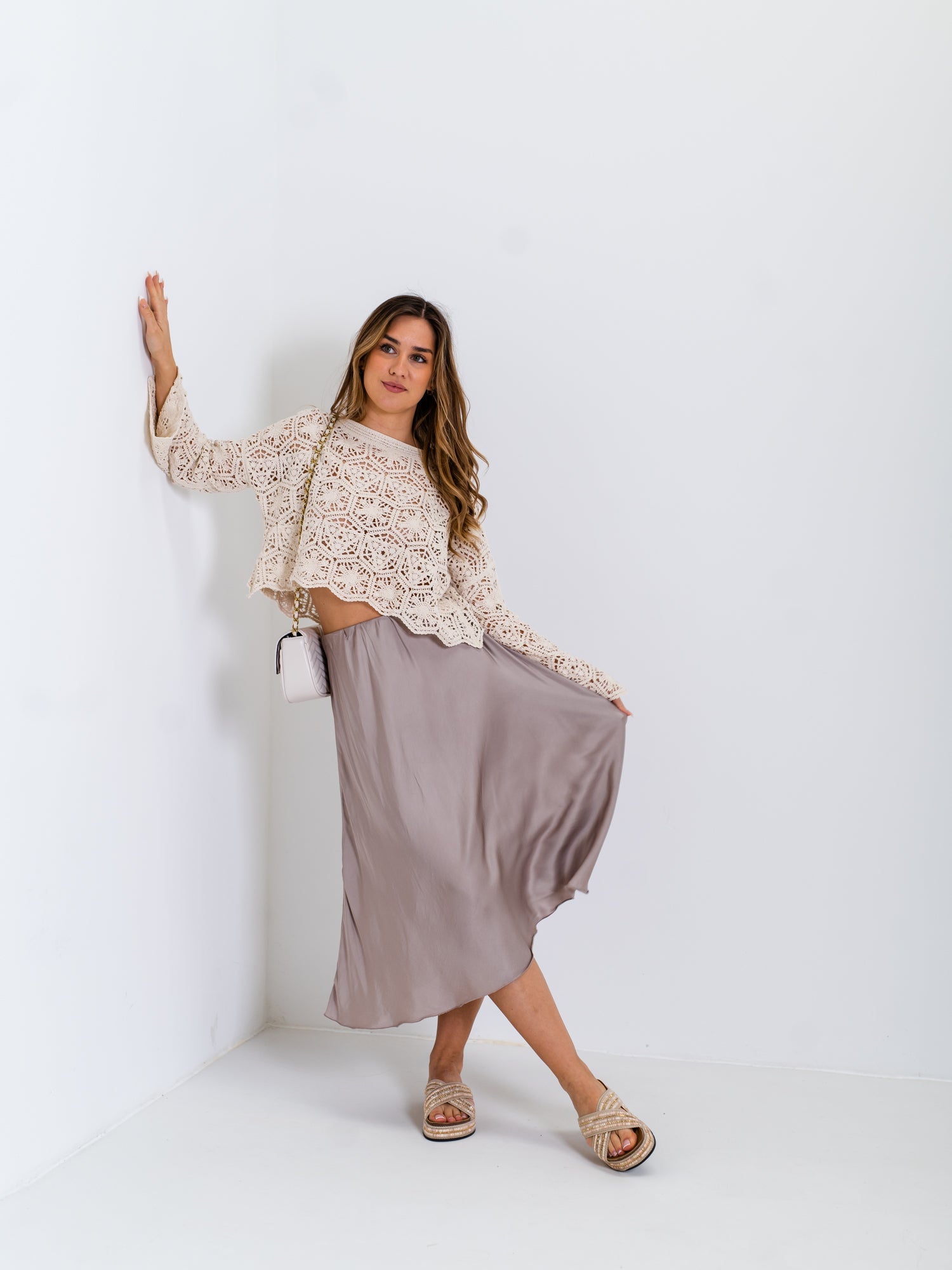Satin Midi Rock - Taupe