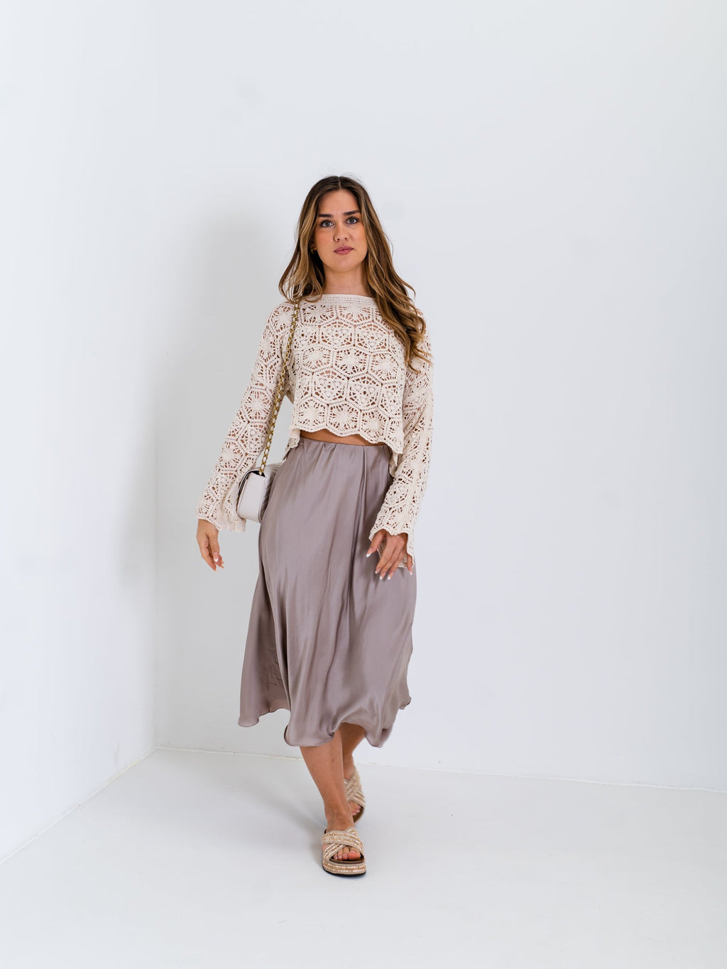 Satin Midi Rock - Taupe