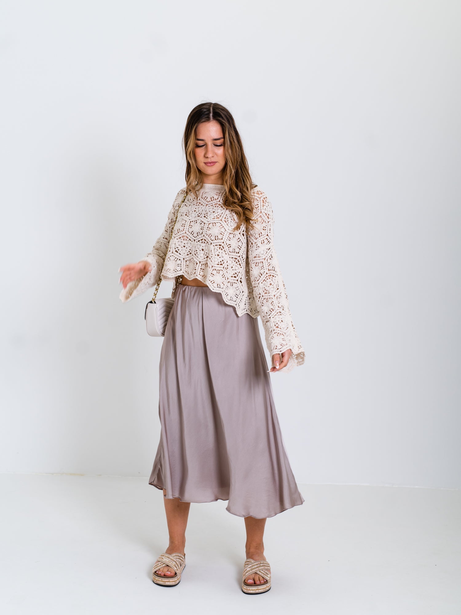 Satin Midi Rock - Taupe