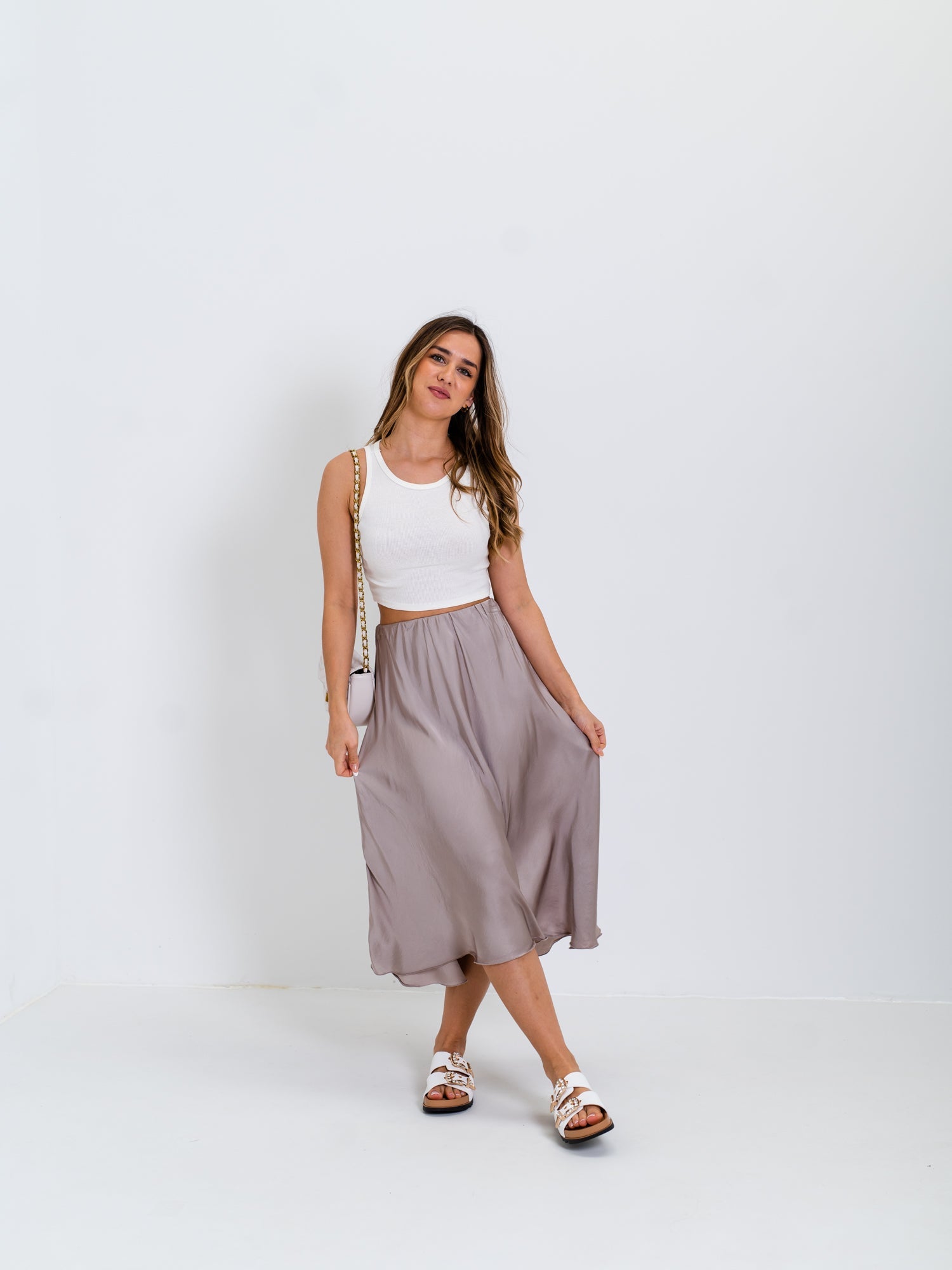 Satin Midi Rock - Taupe