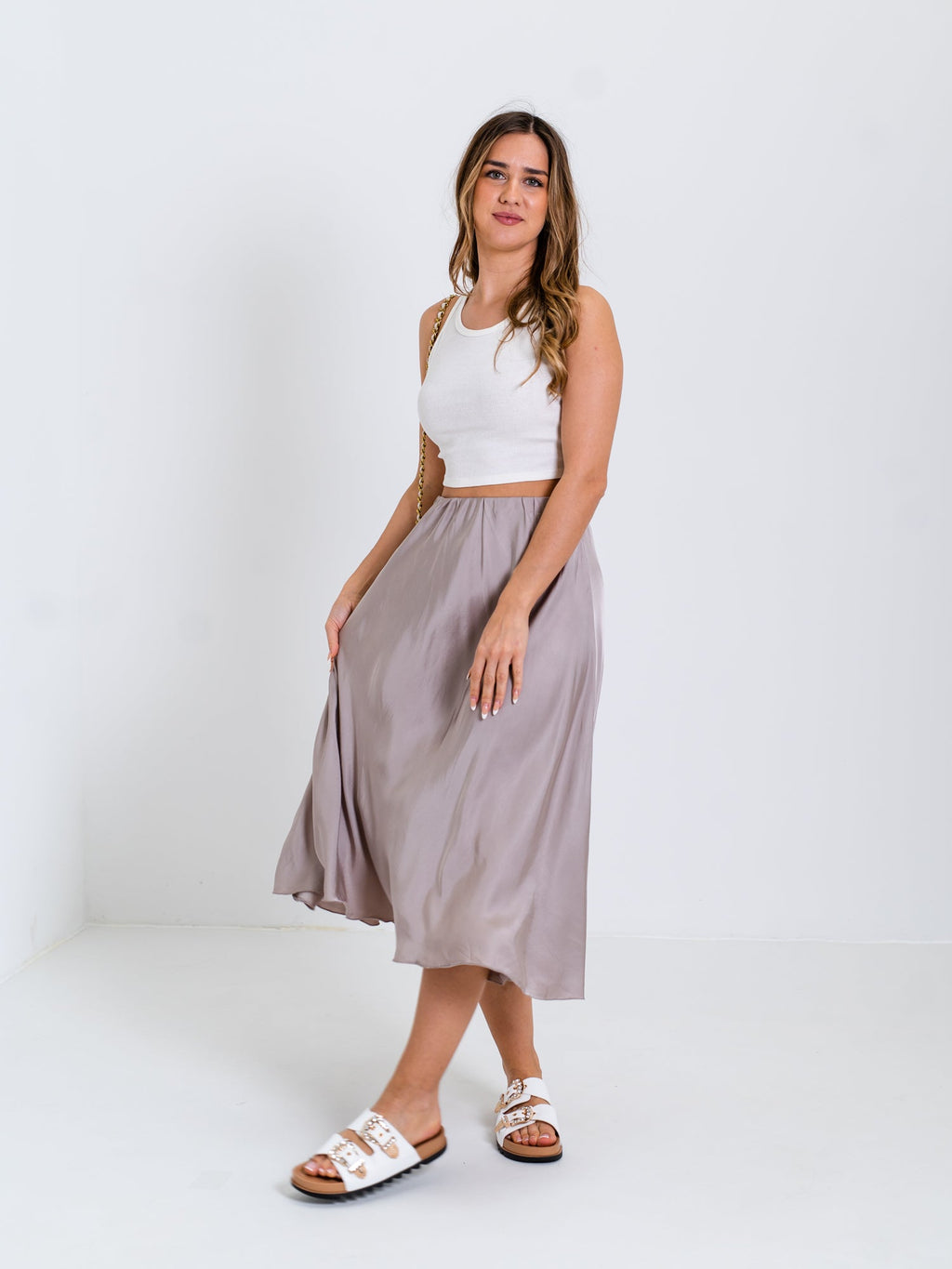 Satin Midi Rock - Taupe