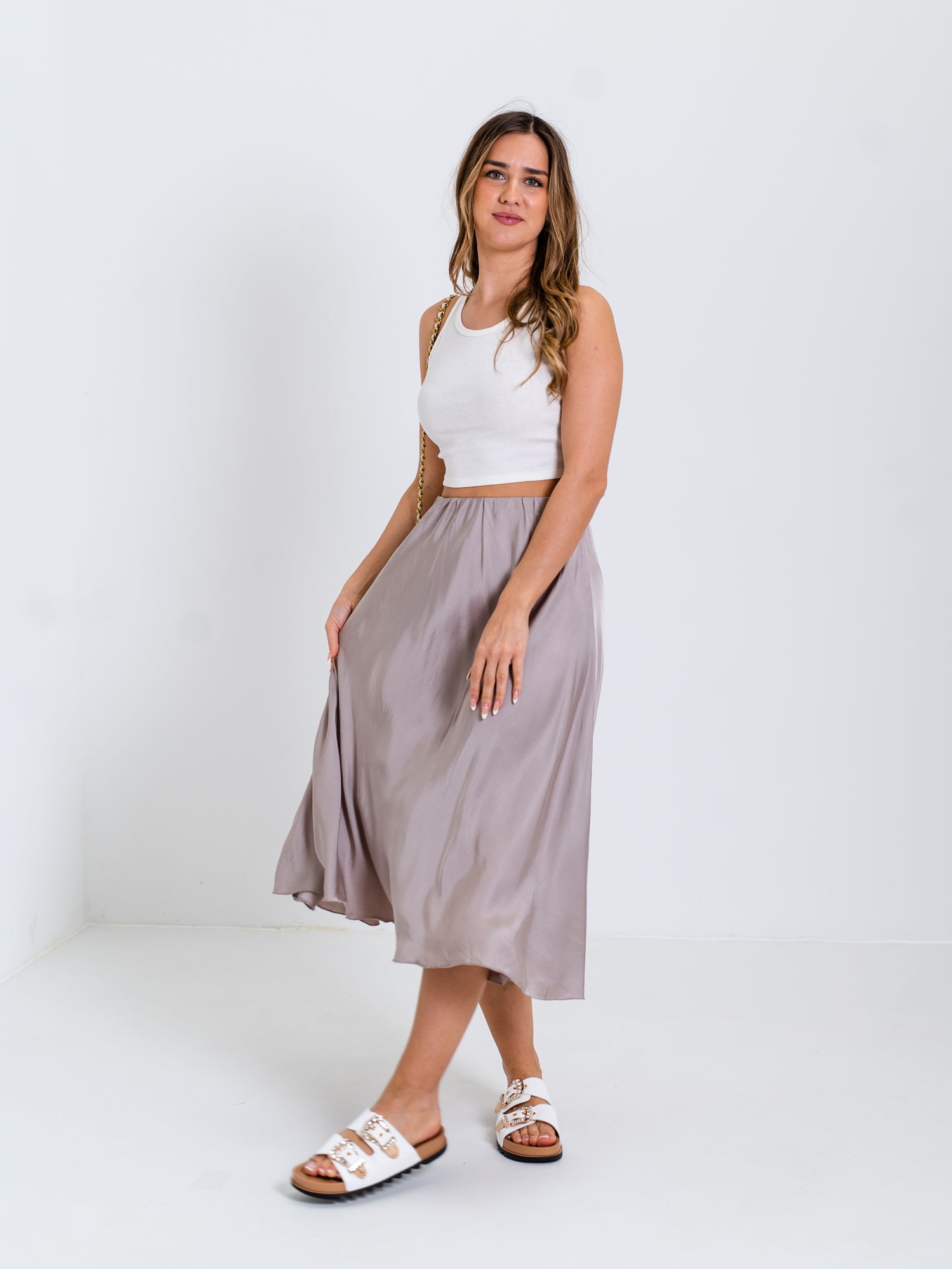 Satin Midi Rock - Taupe