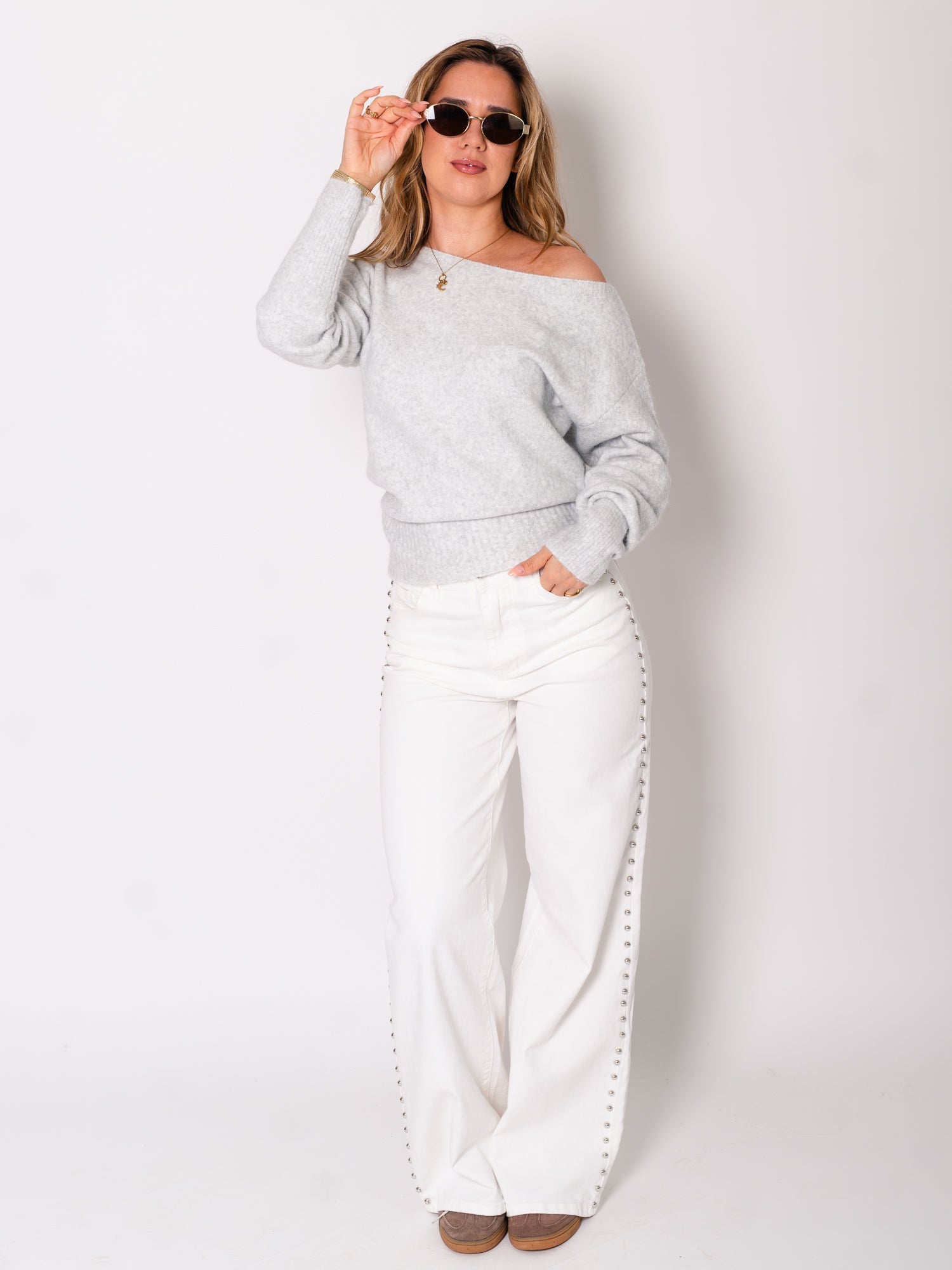 Studs Wide Leg Jeans - Weiß