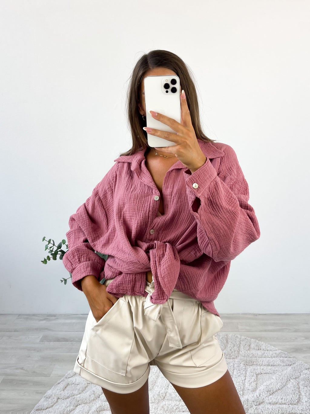 Midi Waffle Bluse - Himbeere