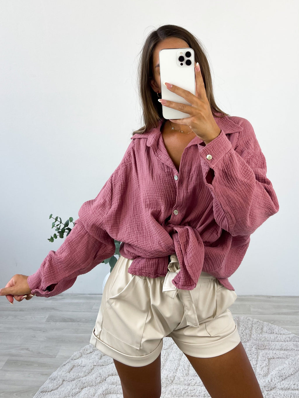 Midi Waffle Bluse - Himbeere