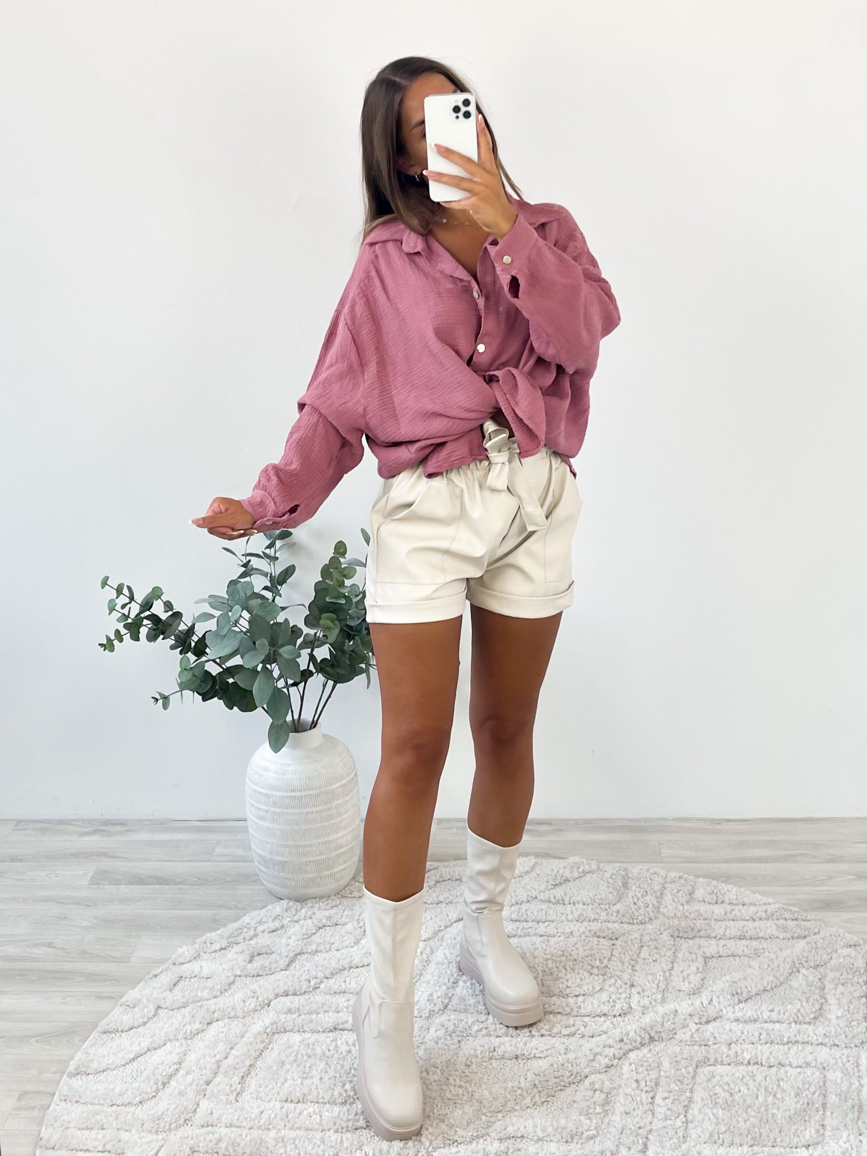 Midi Waffle Bluse - Himbeere