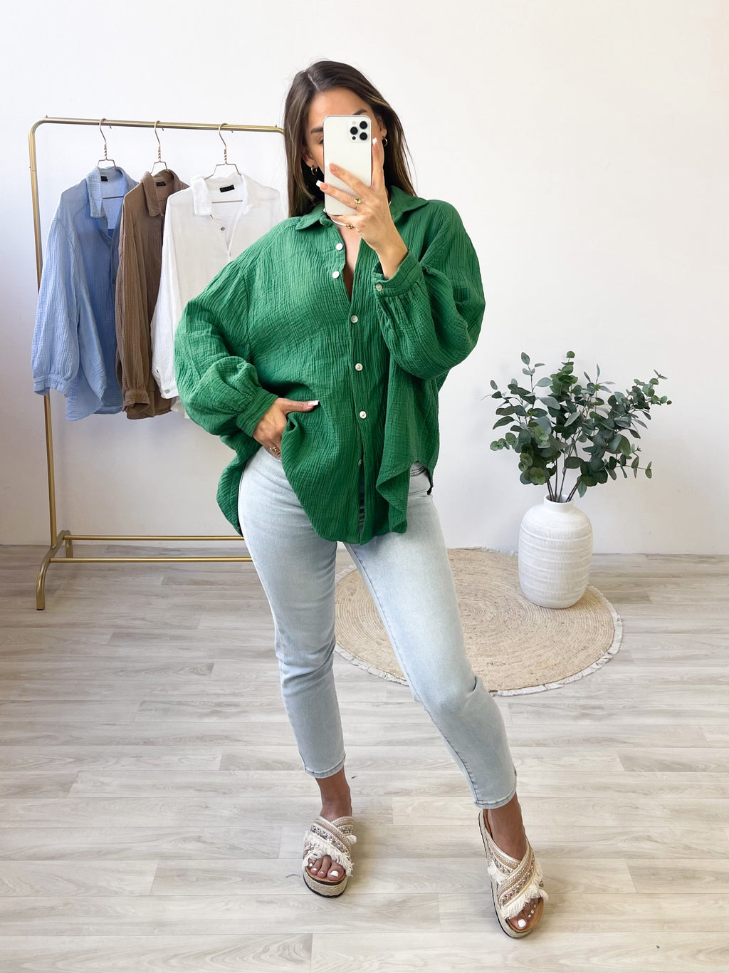 Midi Waffle Bluse - Grün