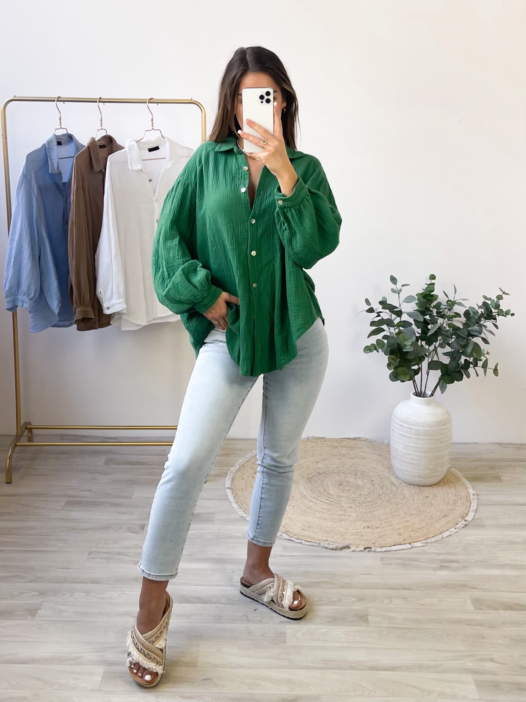 Midi Waffle Bluse - Grün