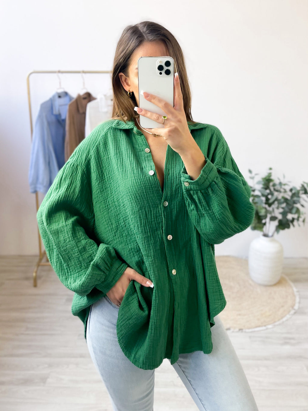 Midi Waffle Bluse - Grün