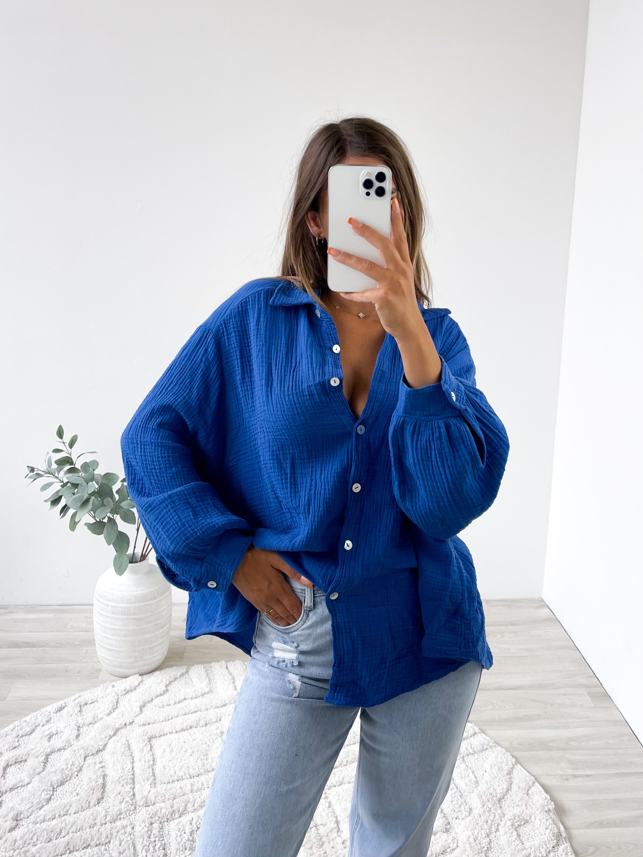 Midi Waffle Bluse - Royalblau
