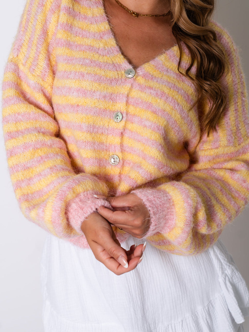 Mila Streifen Strickjacke - Gelb/Rosa