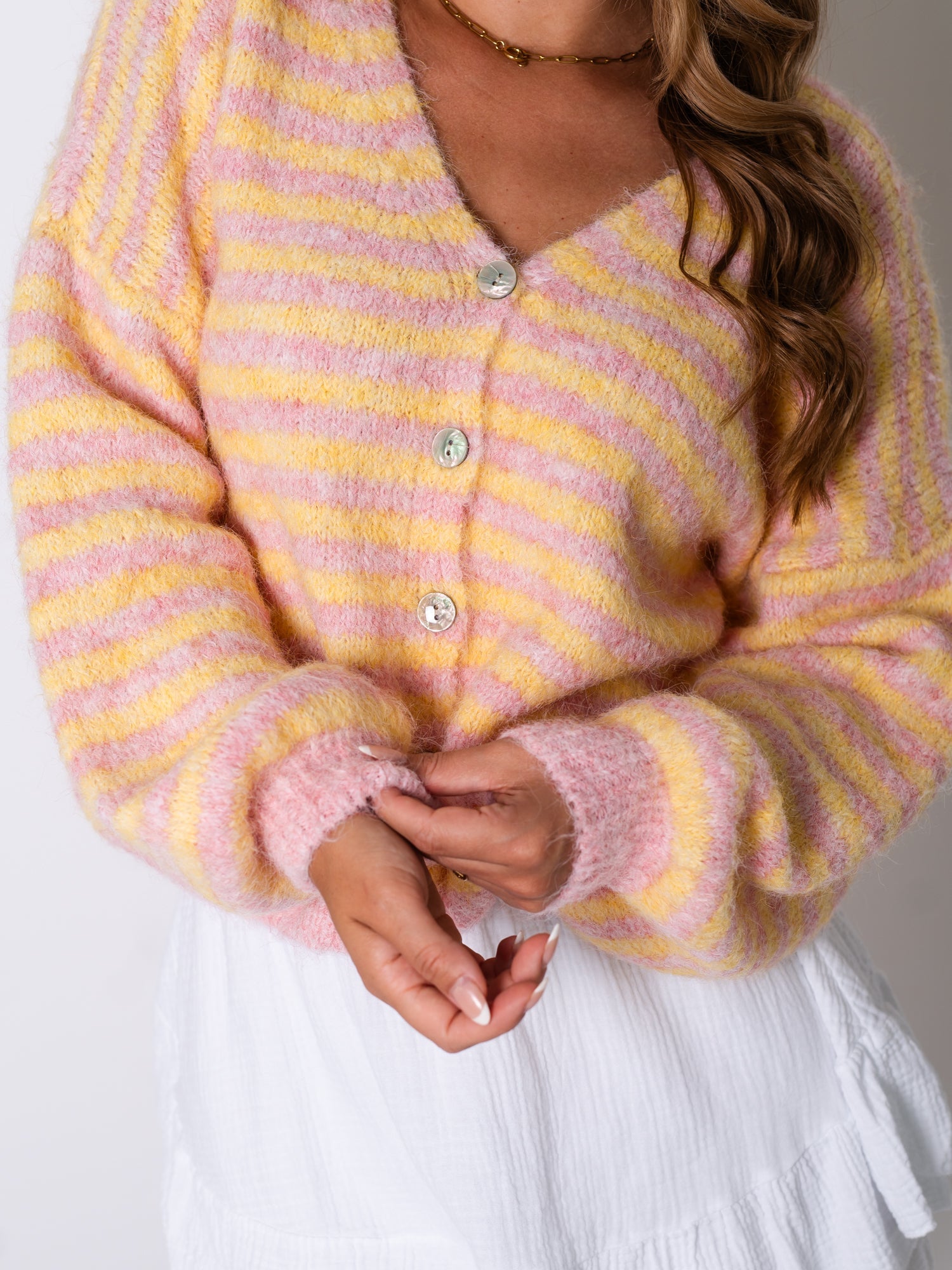 Mila Streifen Strickjacke - Gelb/Rosa