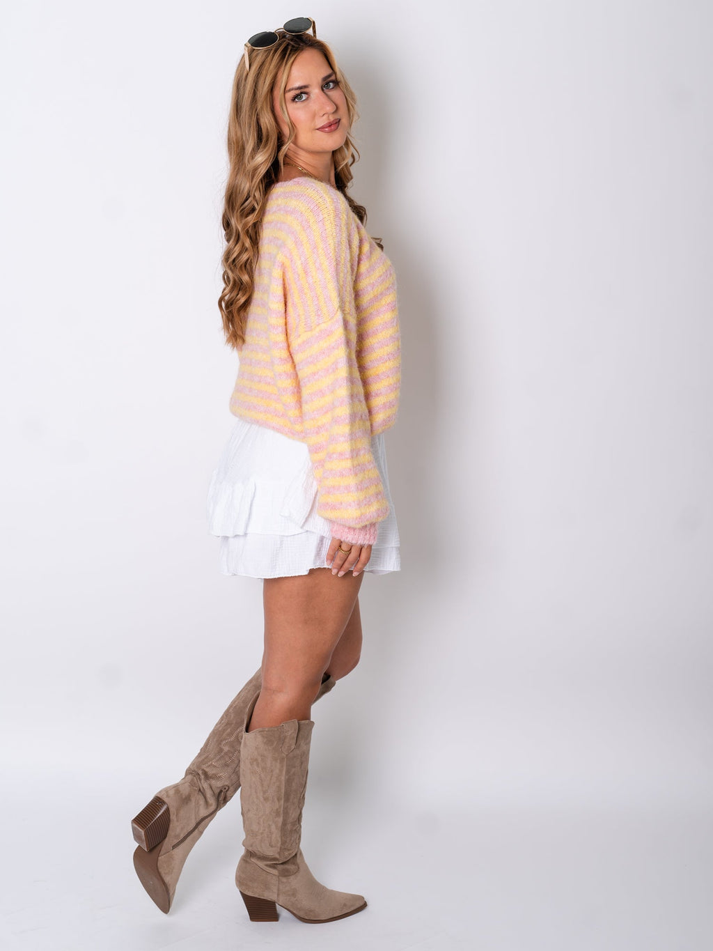 Mila Streifen Strickjacke - Gelb/Rosa