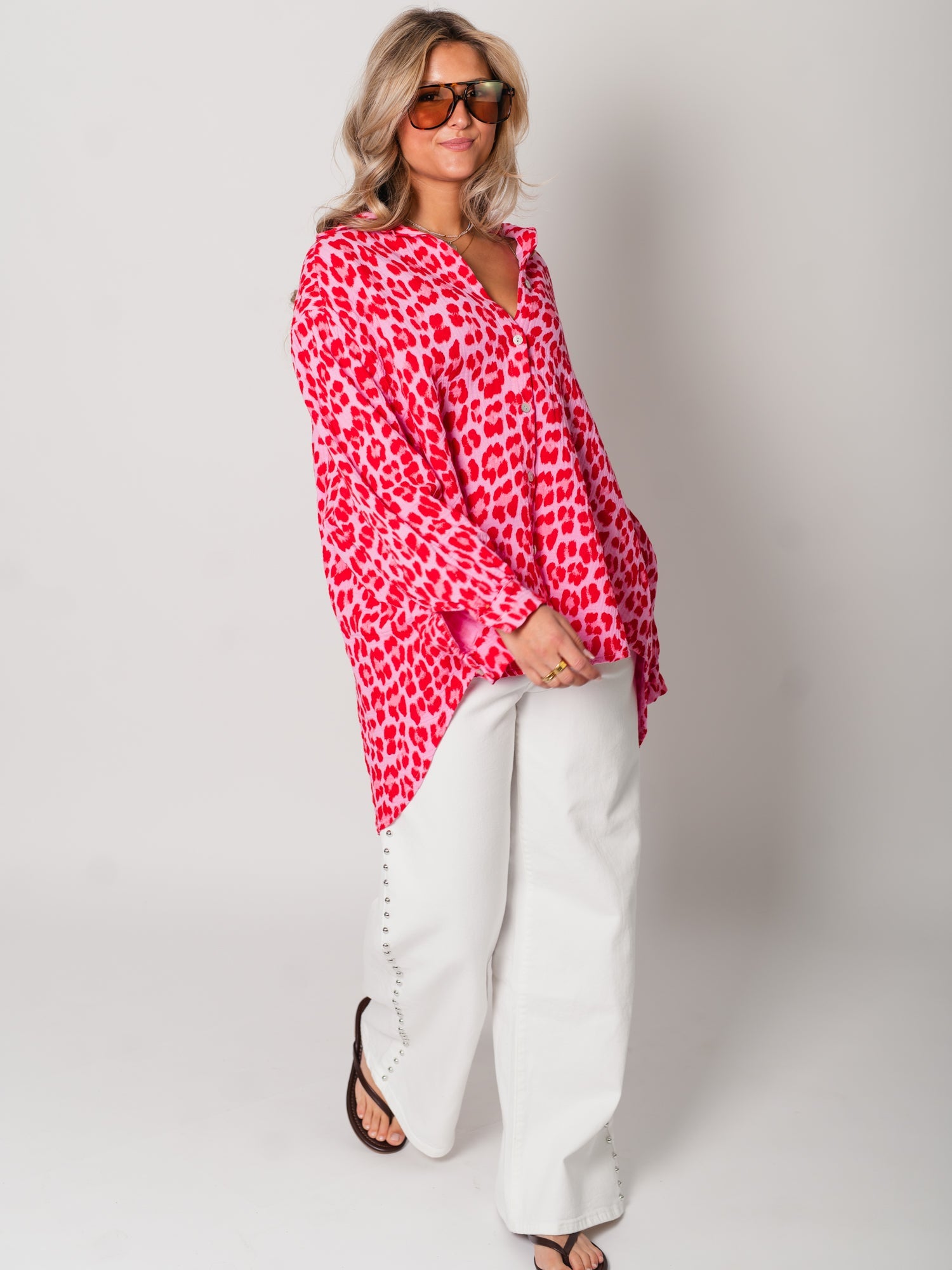 Leo Midi Waffle Bluse - Pink/Rot