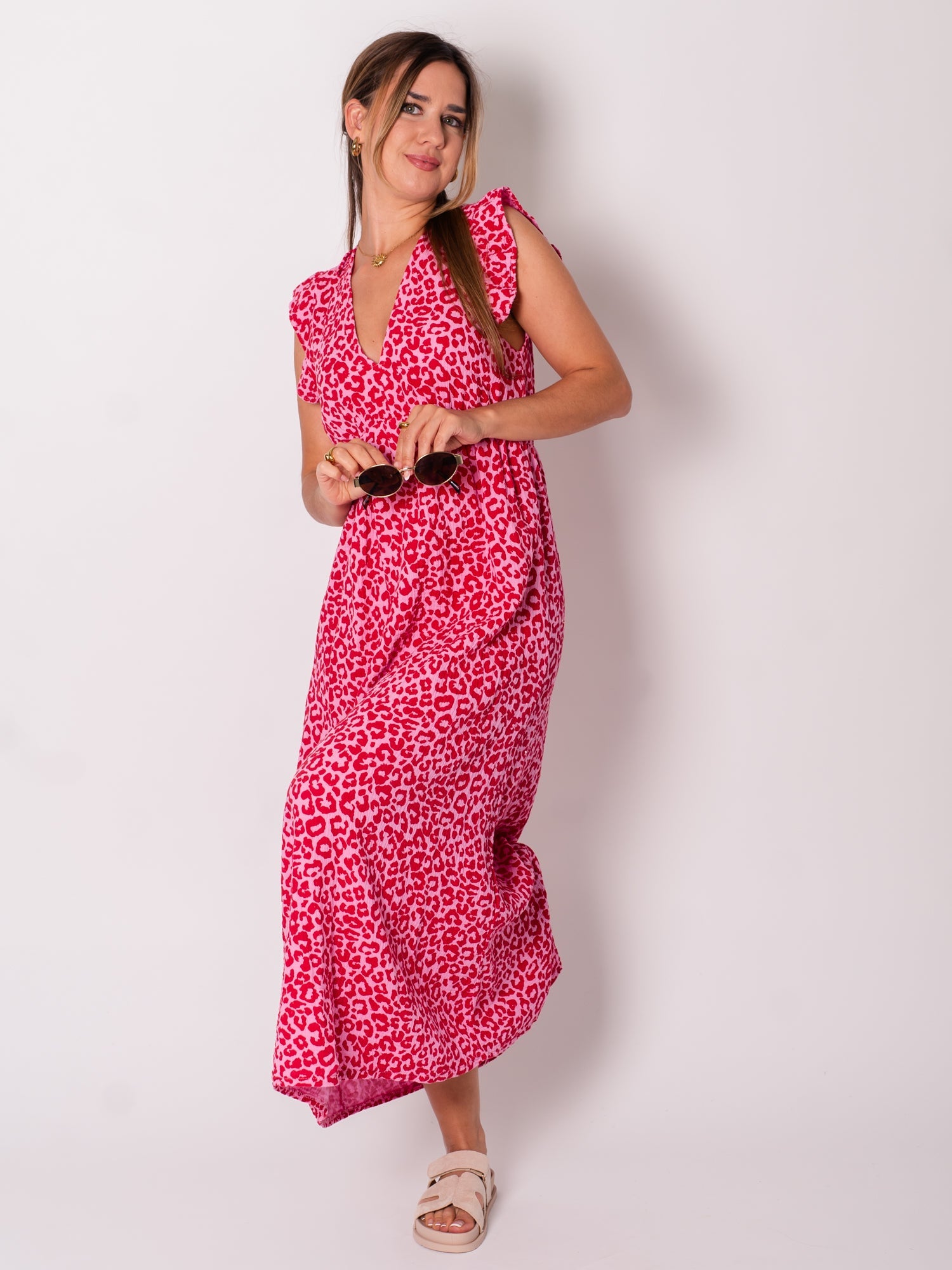 Leonora Musselin Kleid -  Leo/Rot/Rosa