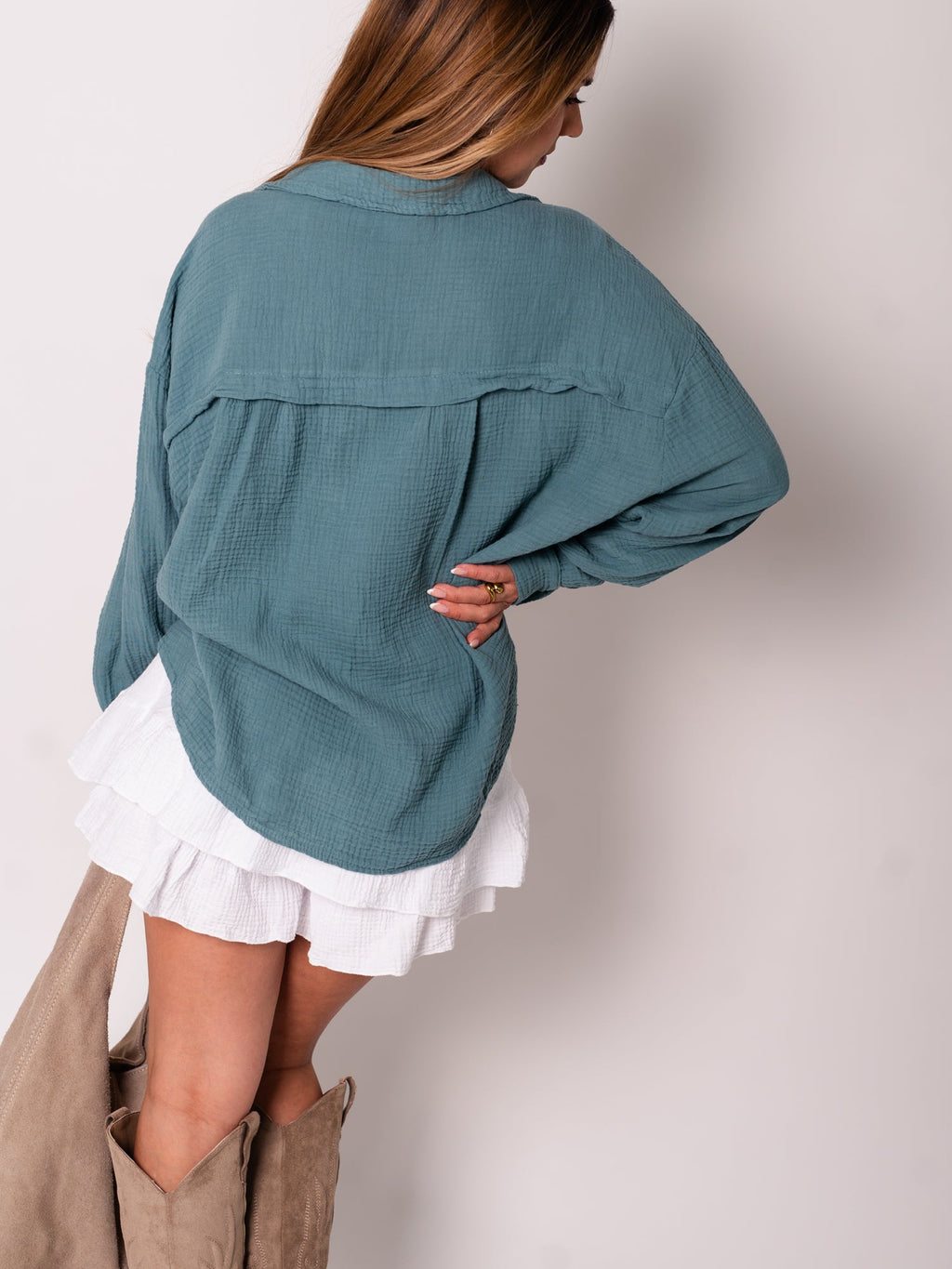 Midi Waffle Bluse - Petrol