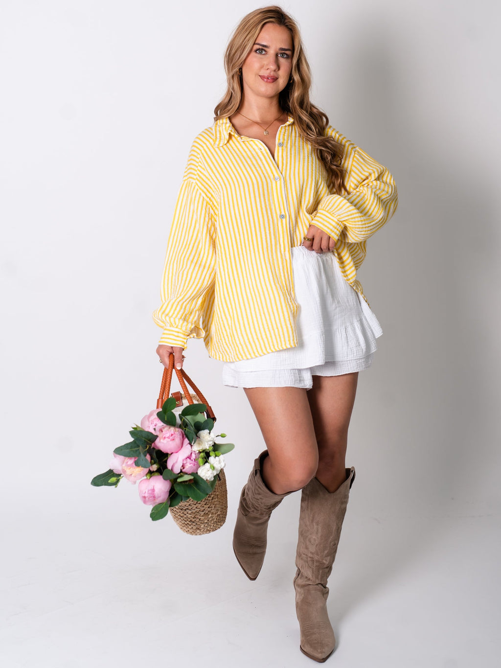 Midi Streifen Musselin Bluse - Weiß/Gelb