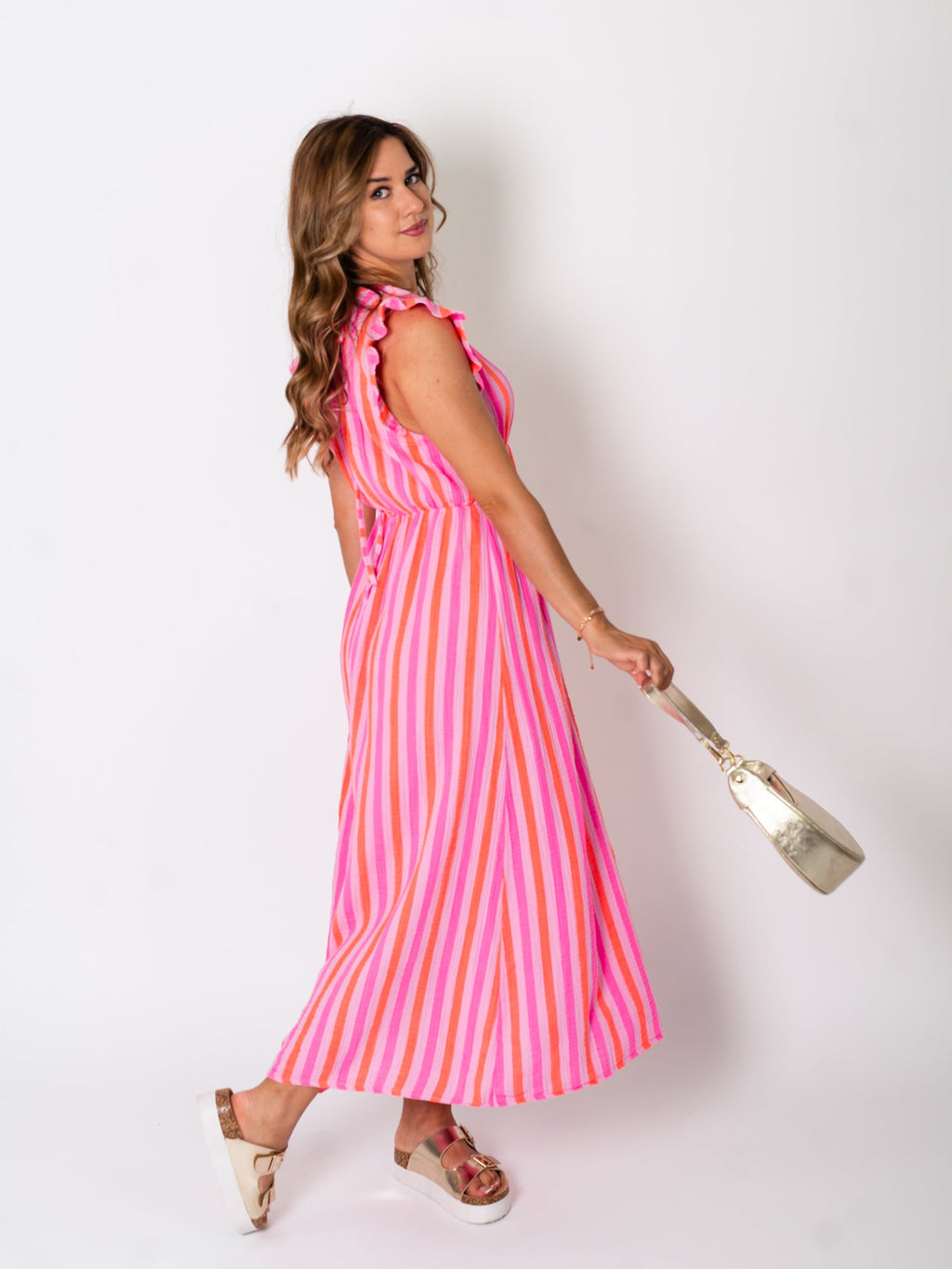 Leonora Musselin Kleid -  Streifen/Pink/Orange