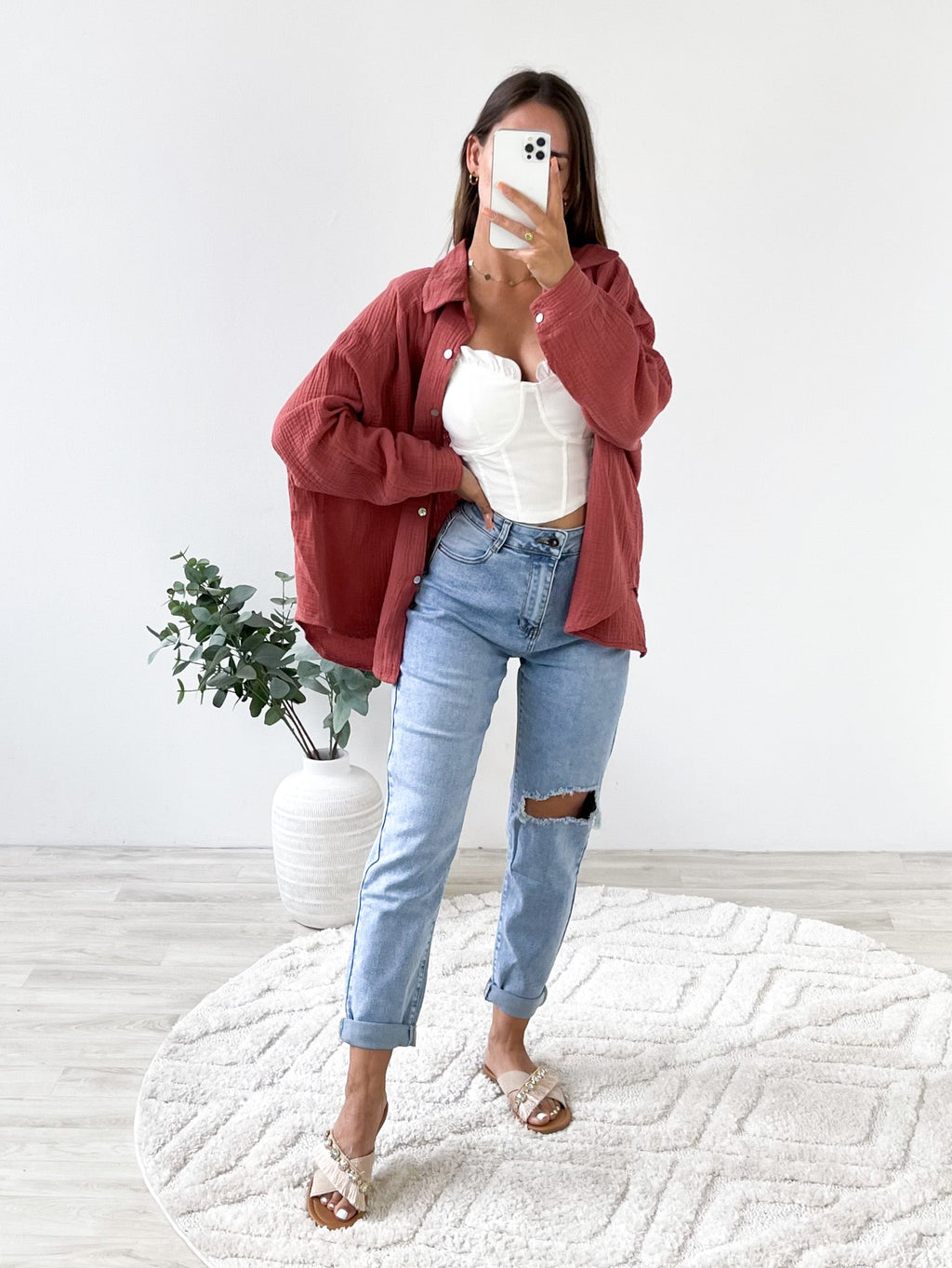 Midi Waffle Bluse - Rosewood